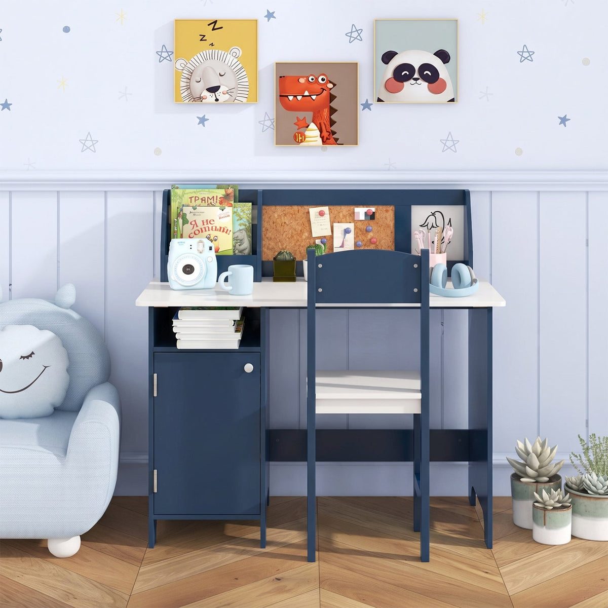 Kids Study Table and Chair Set with Bookshelf and Cabinet