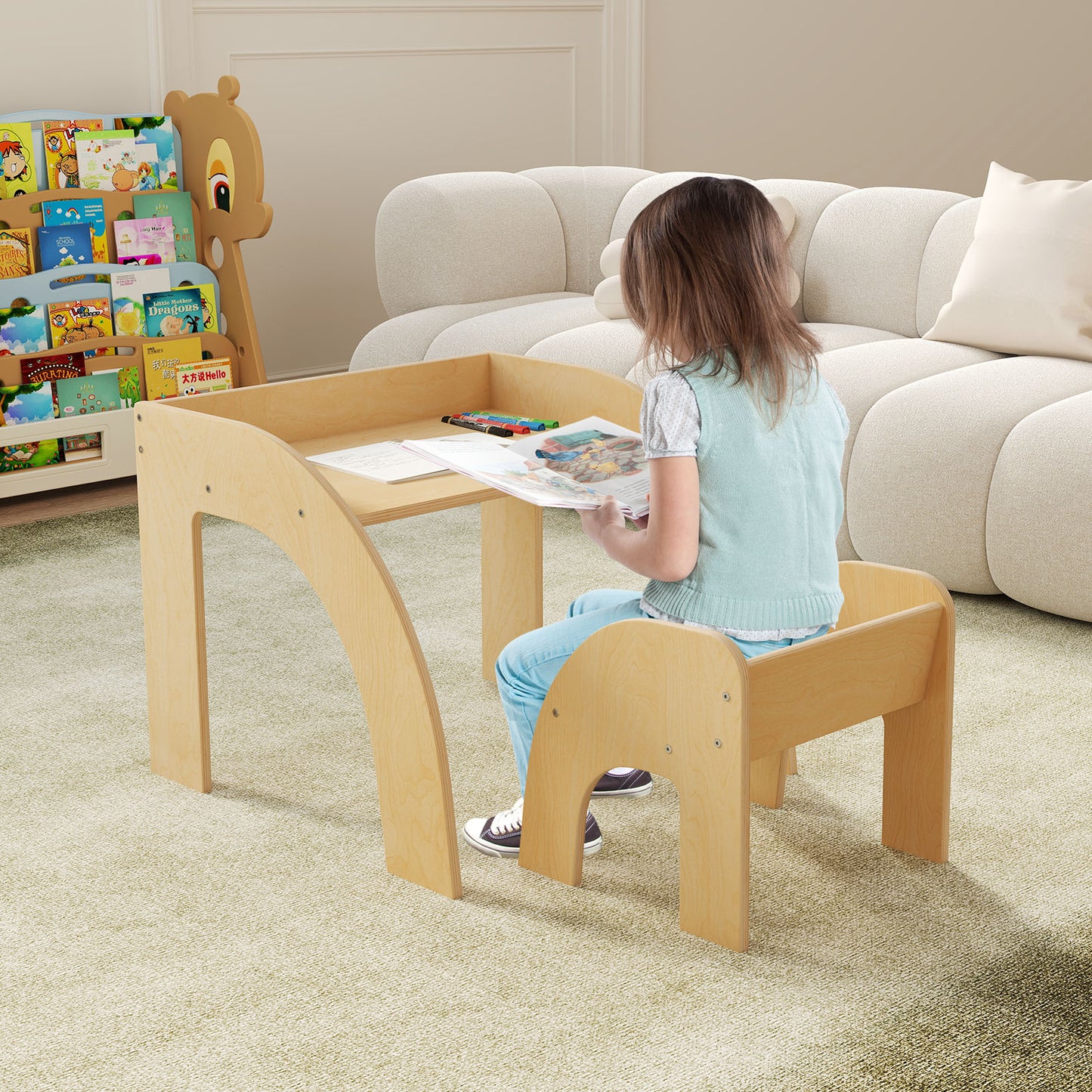 Kids Table and Chair Set with Wide Tabletop - Natural Wood