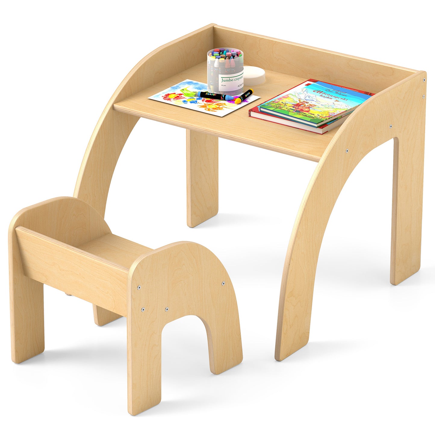 Kids Table and Chair Set with Wide Tabletop - Natural Wood