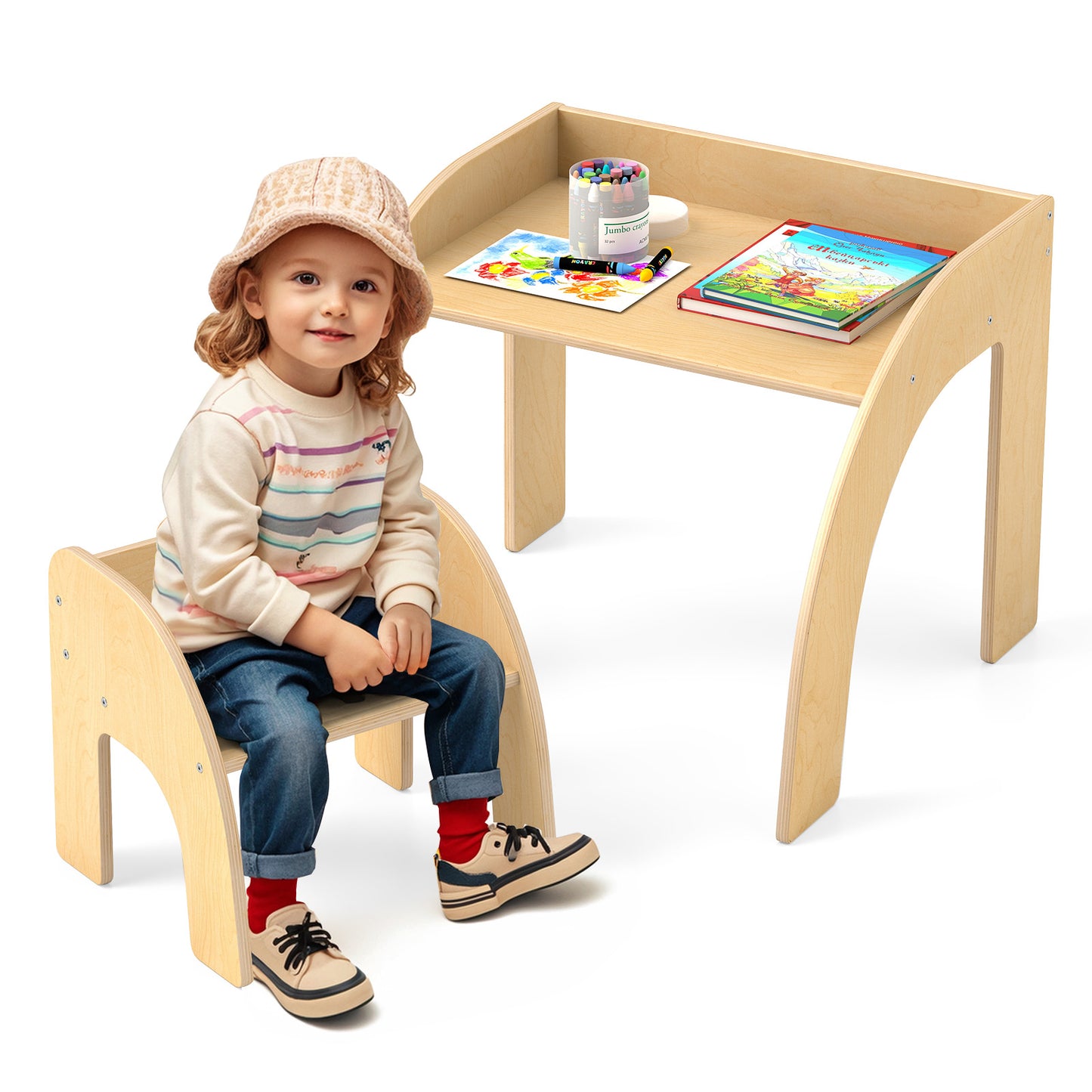 Kids Table and Chair Set with Wide Tabletop - Natural Wood