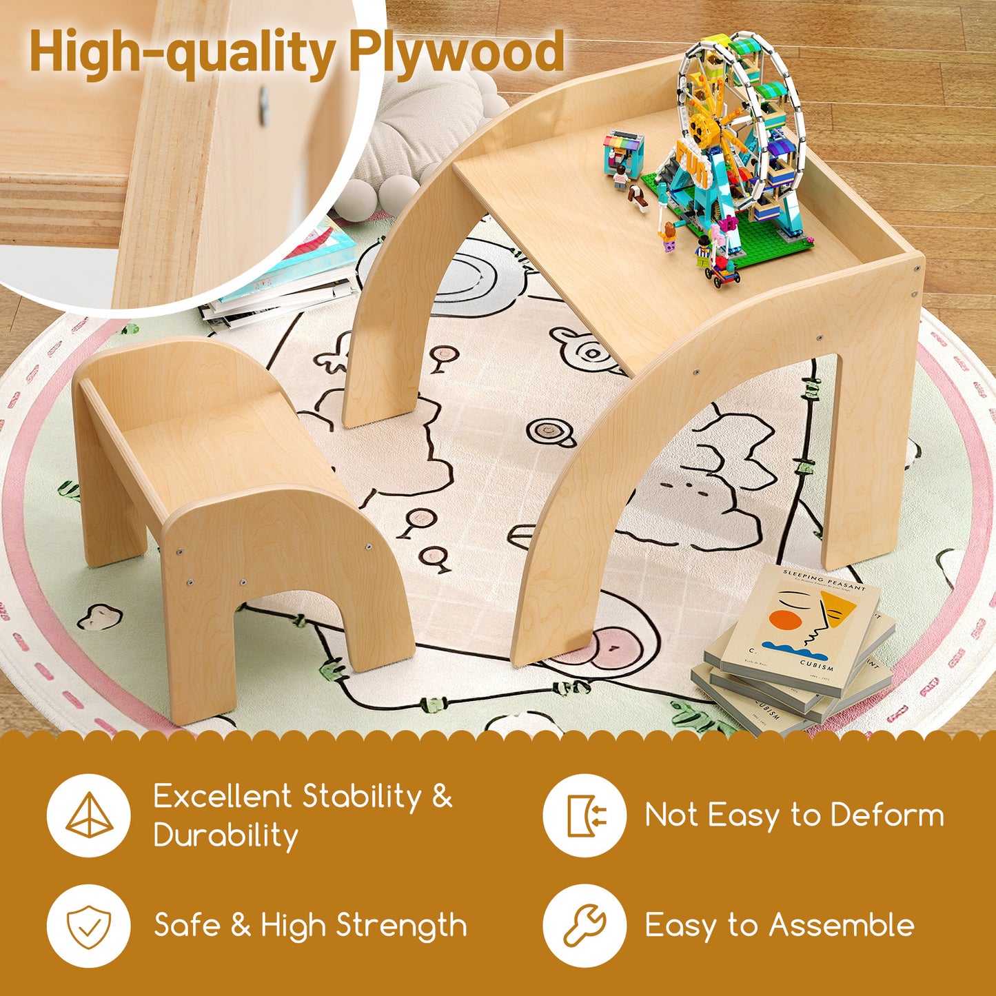 Kids Table and Chair Set with Wide Tabletop - Natural Wood