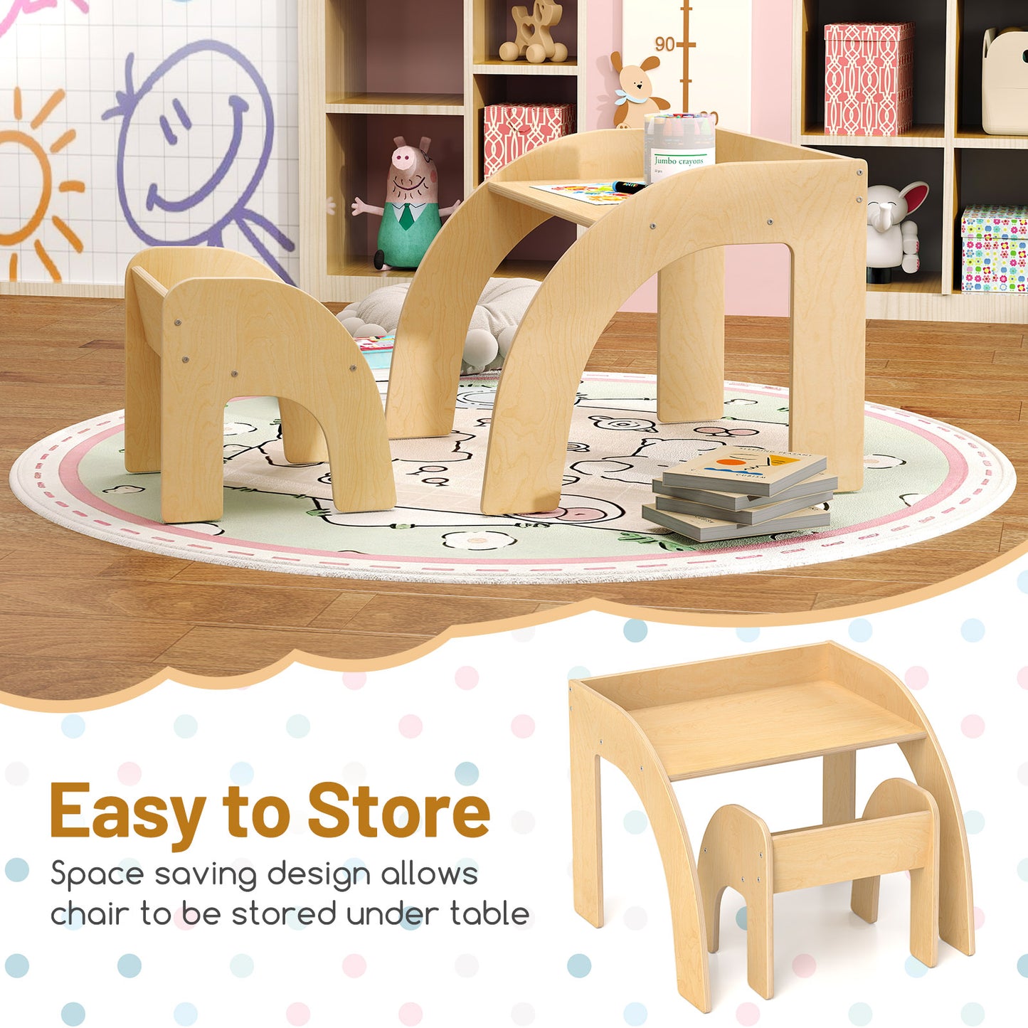 Kids Table and Chair Set with Wide Tabletop - Natural Wood