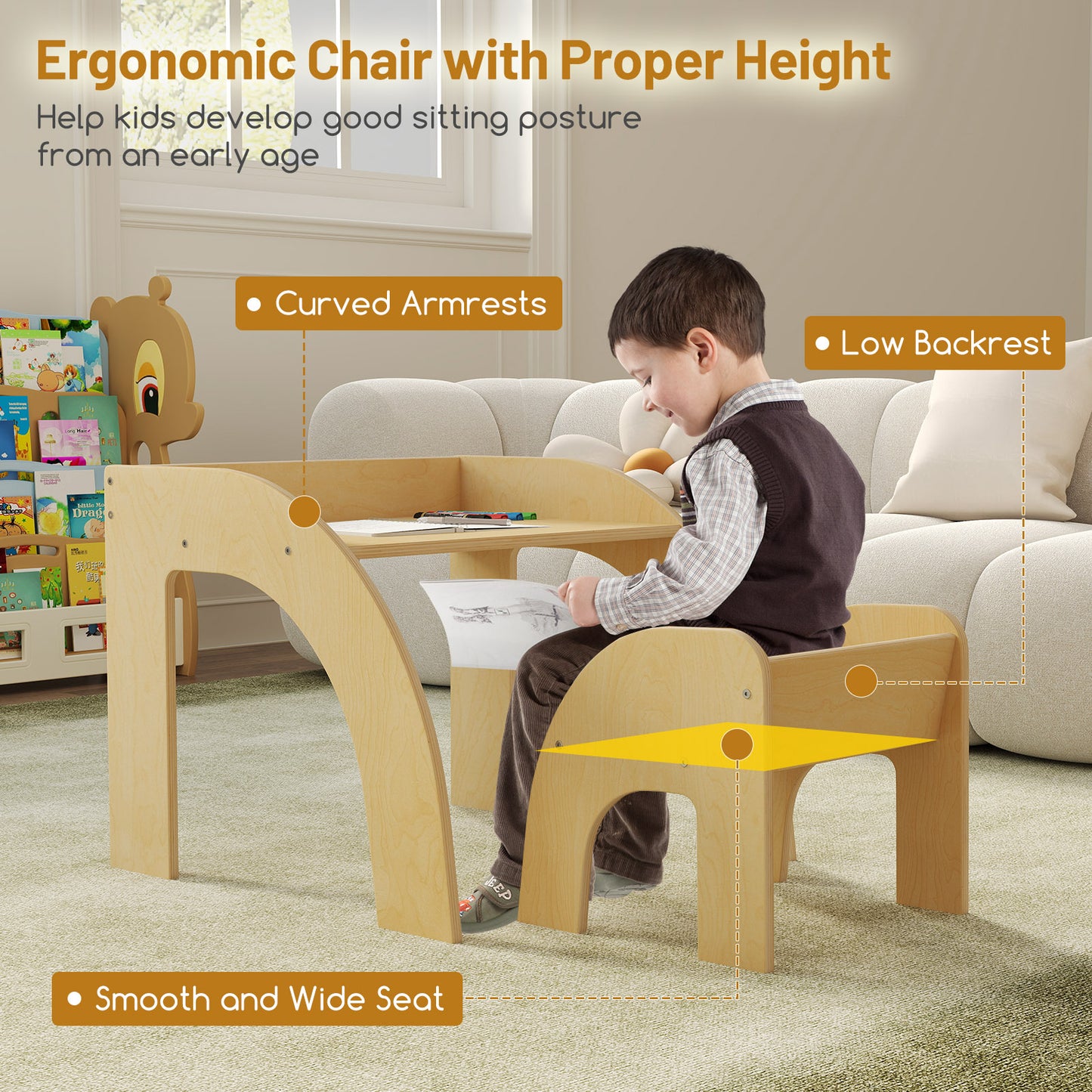Kids Table and Chair Set with Wide Tabletop - Natural Wood