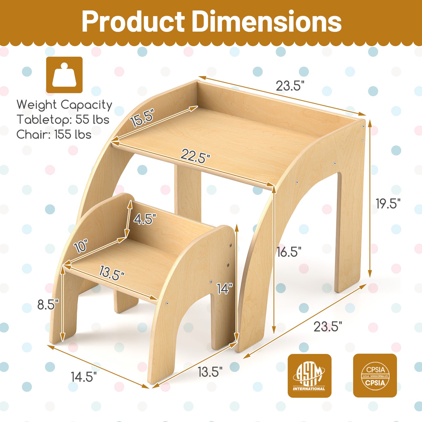 Kids Table and Chair Set with Wide Tabletop - Natural Wood