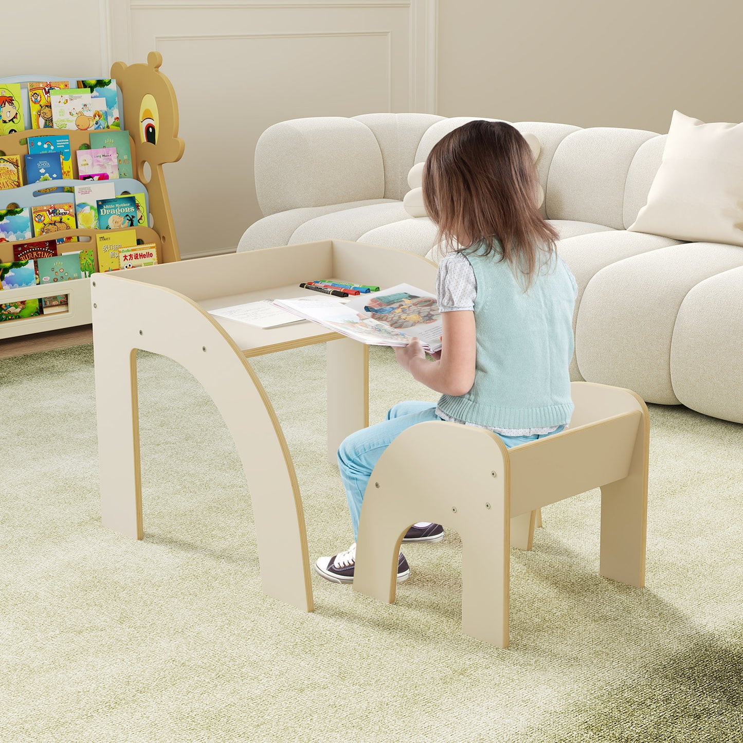 Kids Table and Chair Set with Wide Tabletop - Natural Wood