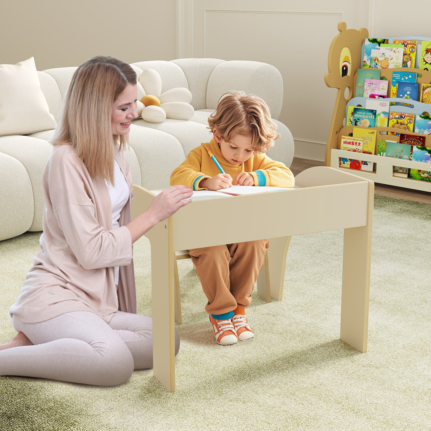 Kids Table and Chair Set with Wide Tabletop - Natural Wood