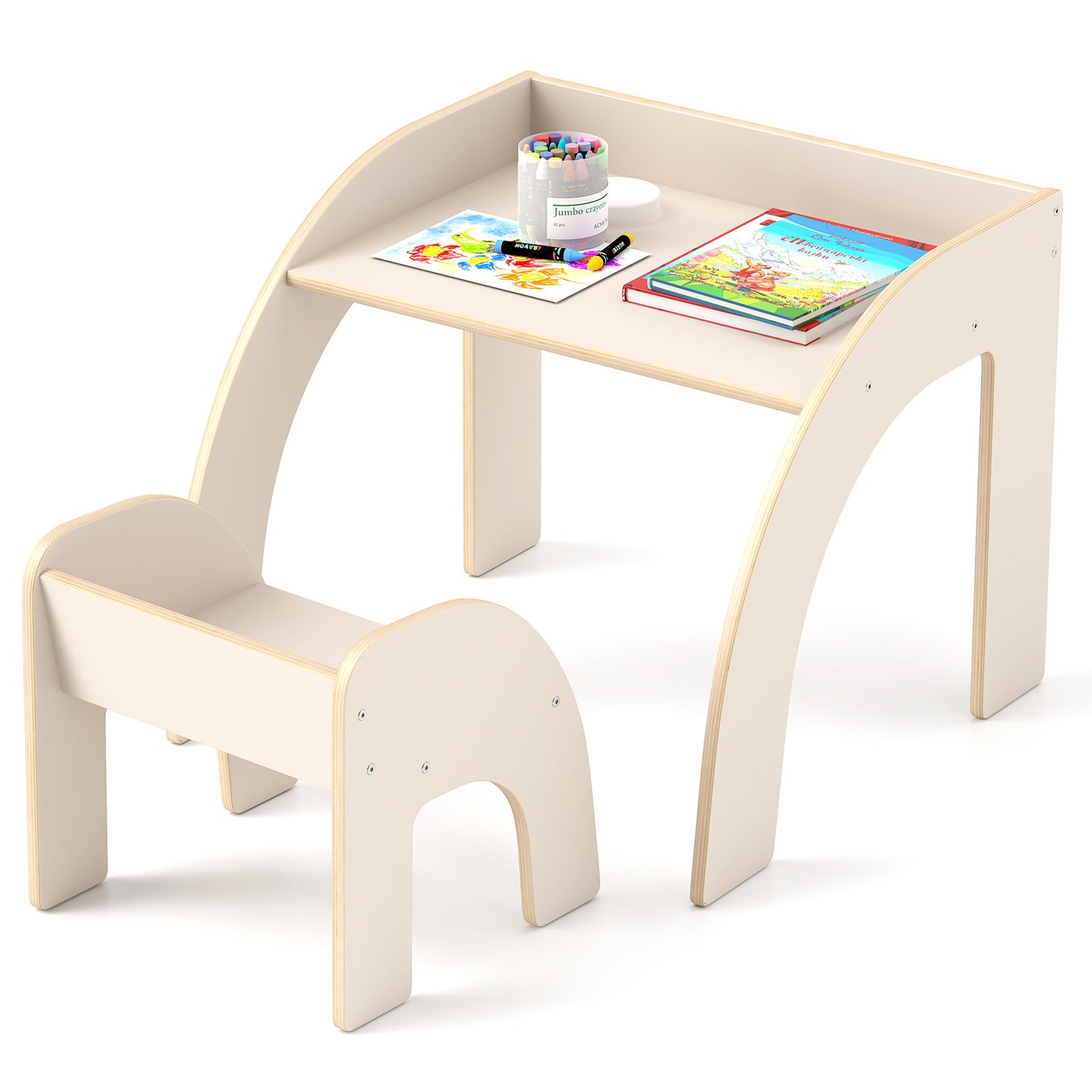 Kids Table and Chair Set with Wide Tabletop - Natural Wood