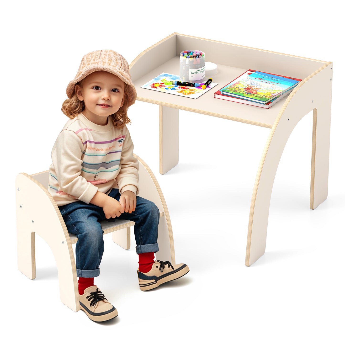Kids Table and Chair Set with Wide Tabletop - Natural Wood