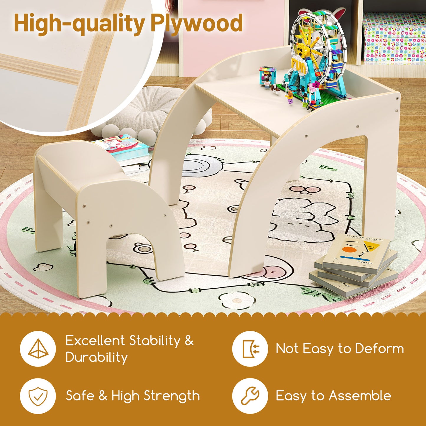Kids Table and Chair Set with Wide Tabletop - Natural Wood