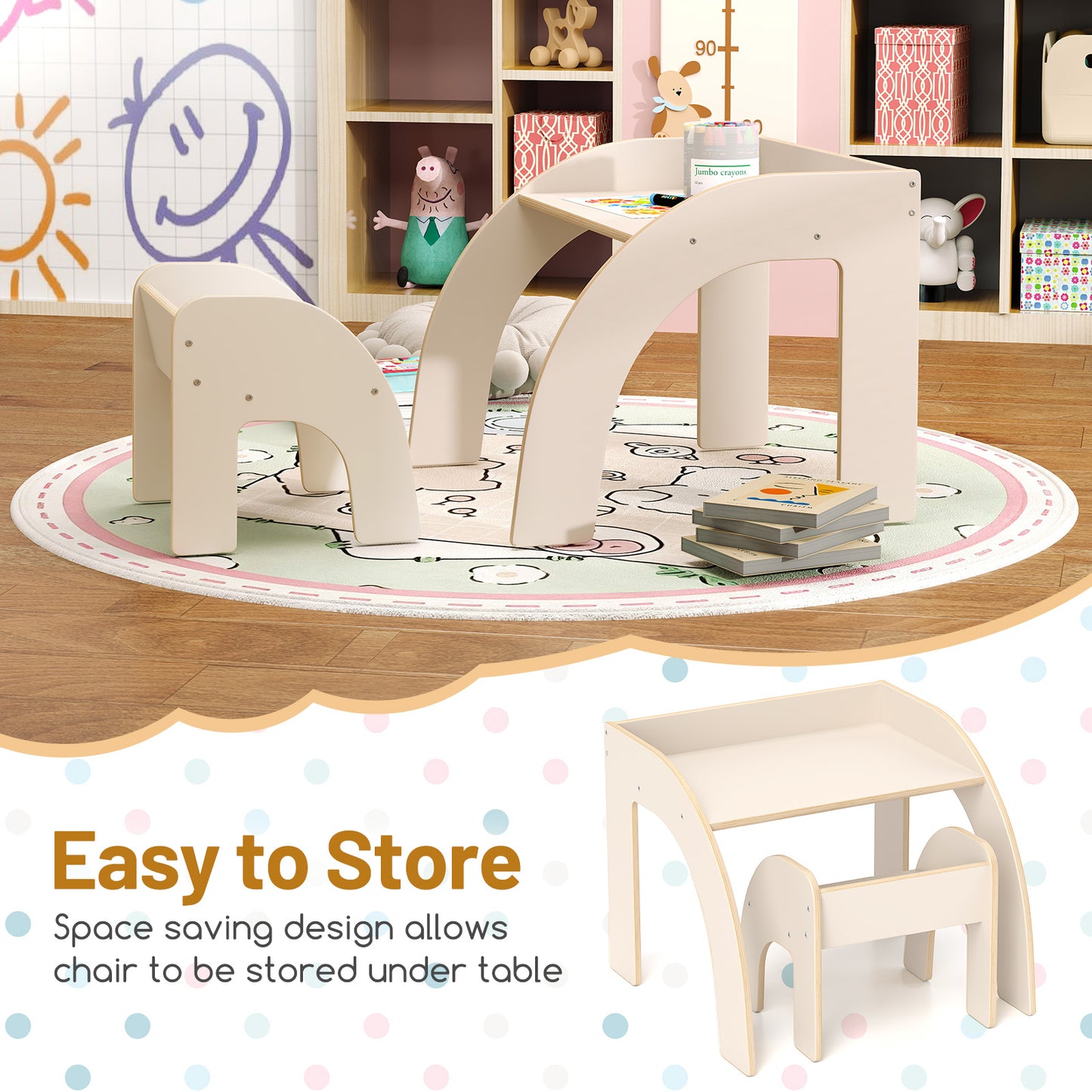 Kids Table and Chair Set with Wide Tabletop - Natural Wood