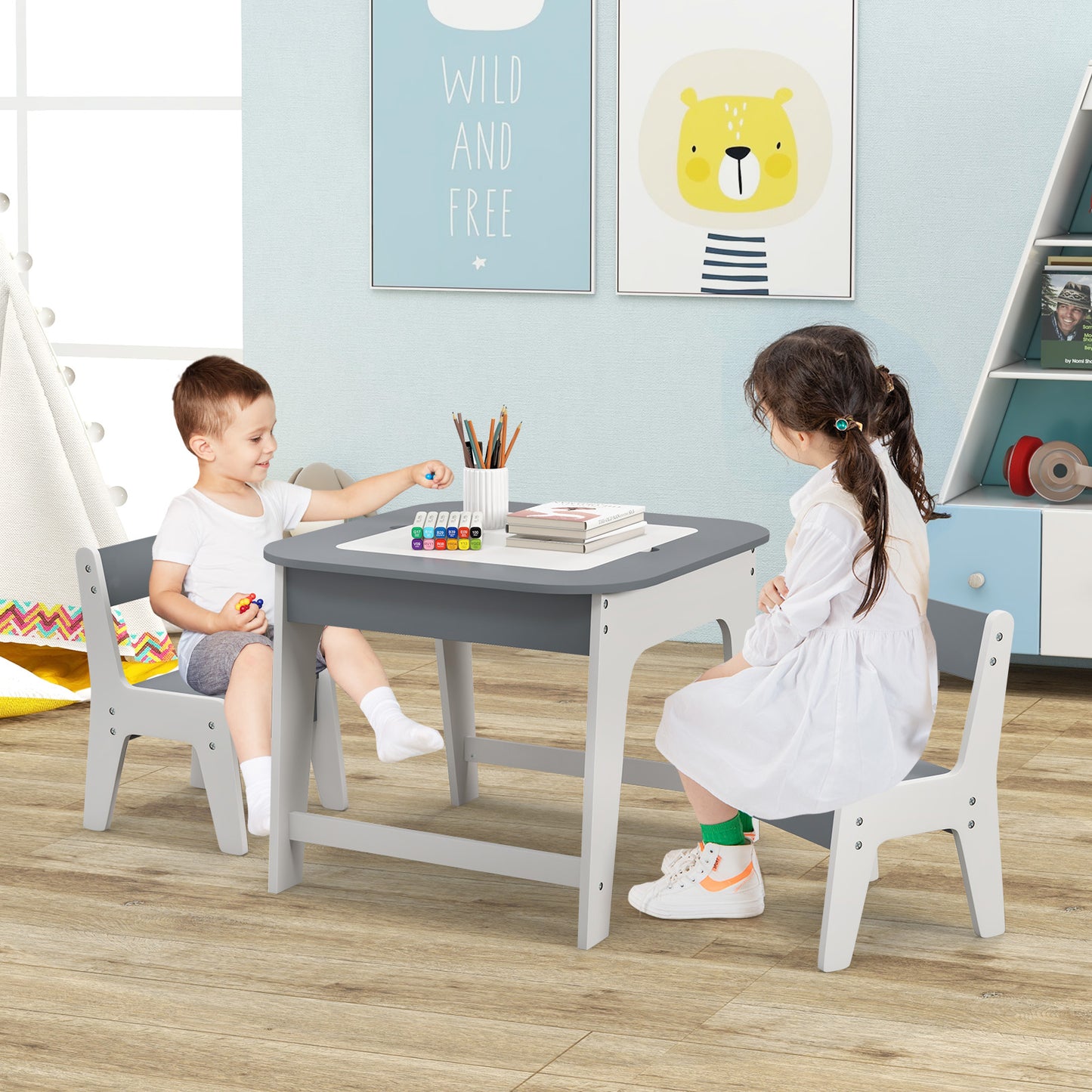 Kids Table and Chair Set with Double-Sided Tabletop