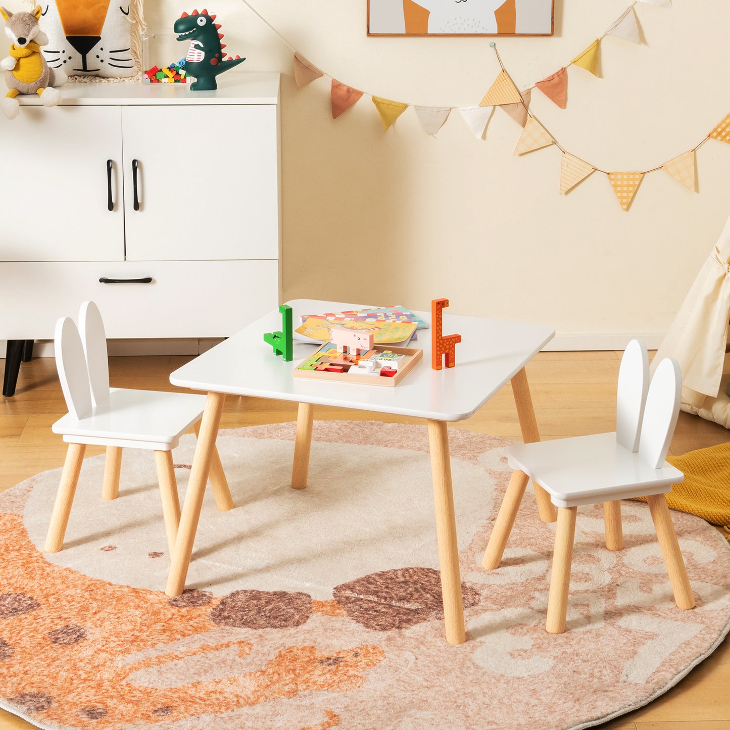 Kids Table and Chair Set with Bunny Ear Backrest - 3 Piece