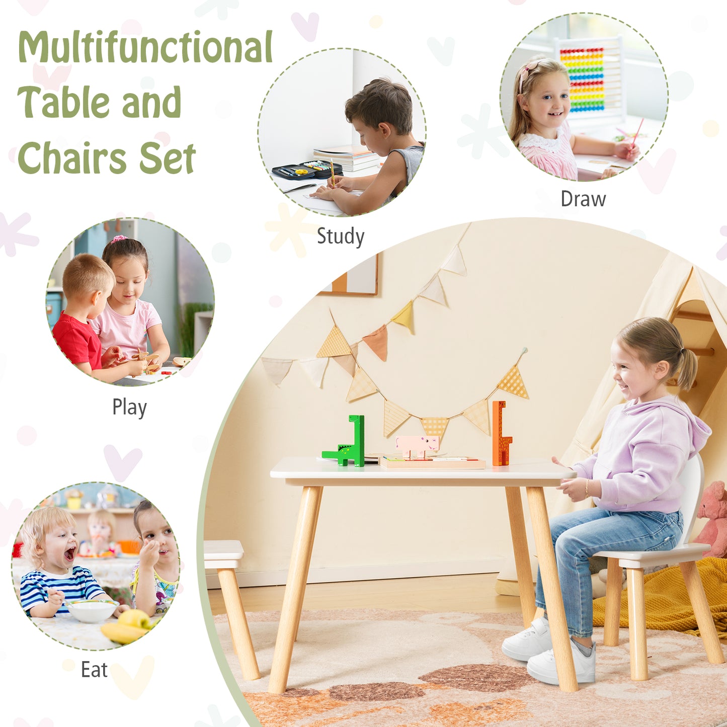 Kids Table and Chair Set with Bunny Ear Backrest - 3 Piece