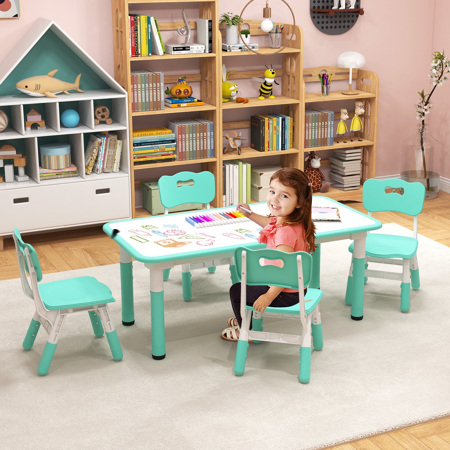 Kids Table and Chair Set for 4 with Graffiti Desktop
