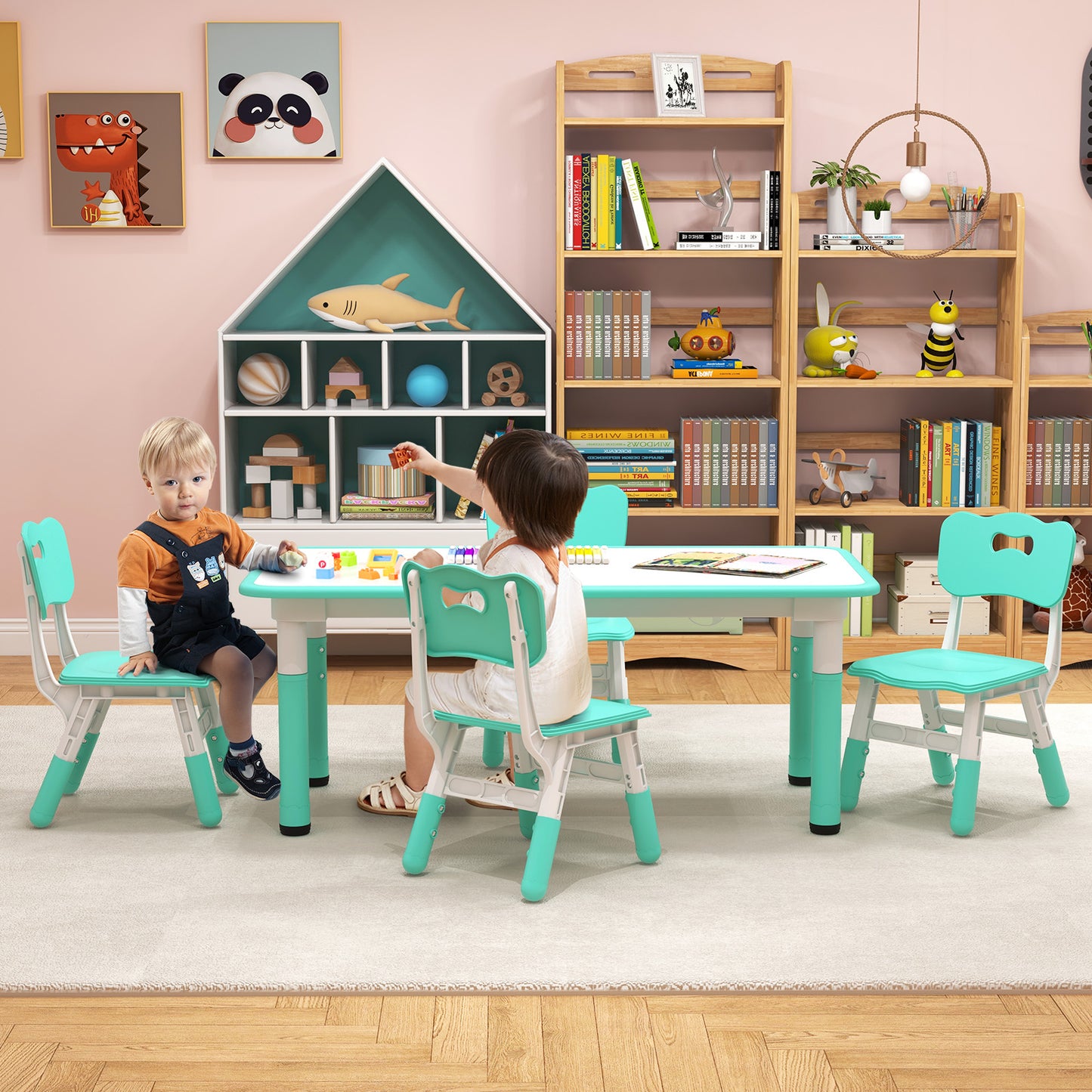 Kids Table and Chair Set for 4 with Graffiti Desktop