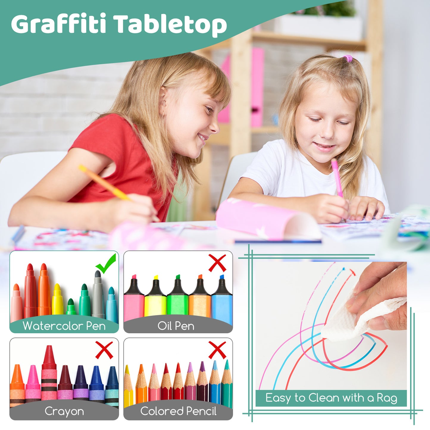 Kids Table and Chair Set for 4 with Graffiti Desktop