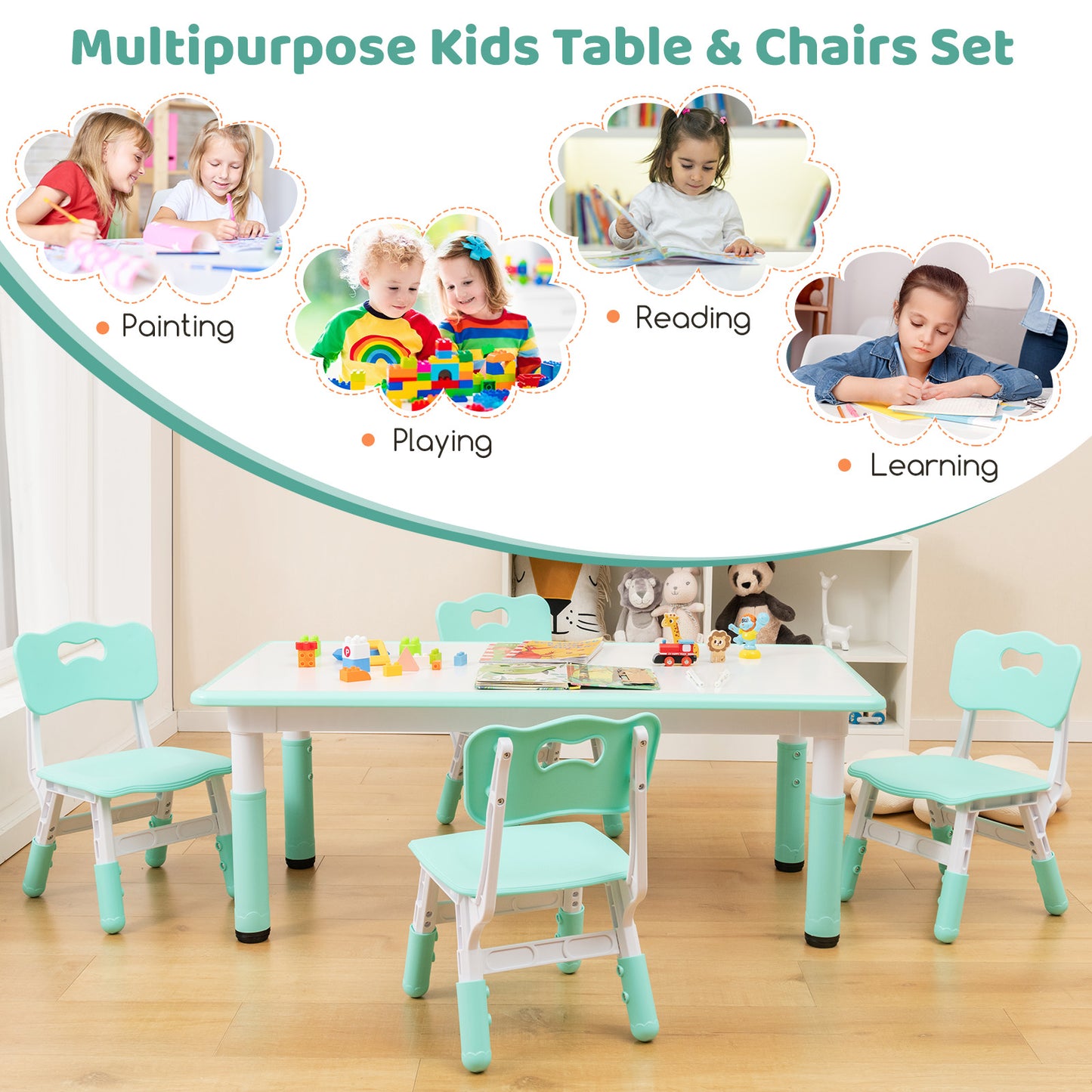 Kids Table and Chair Set for 4 with Graffiti Desktop