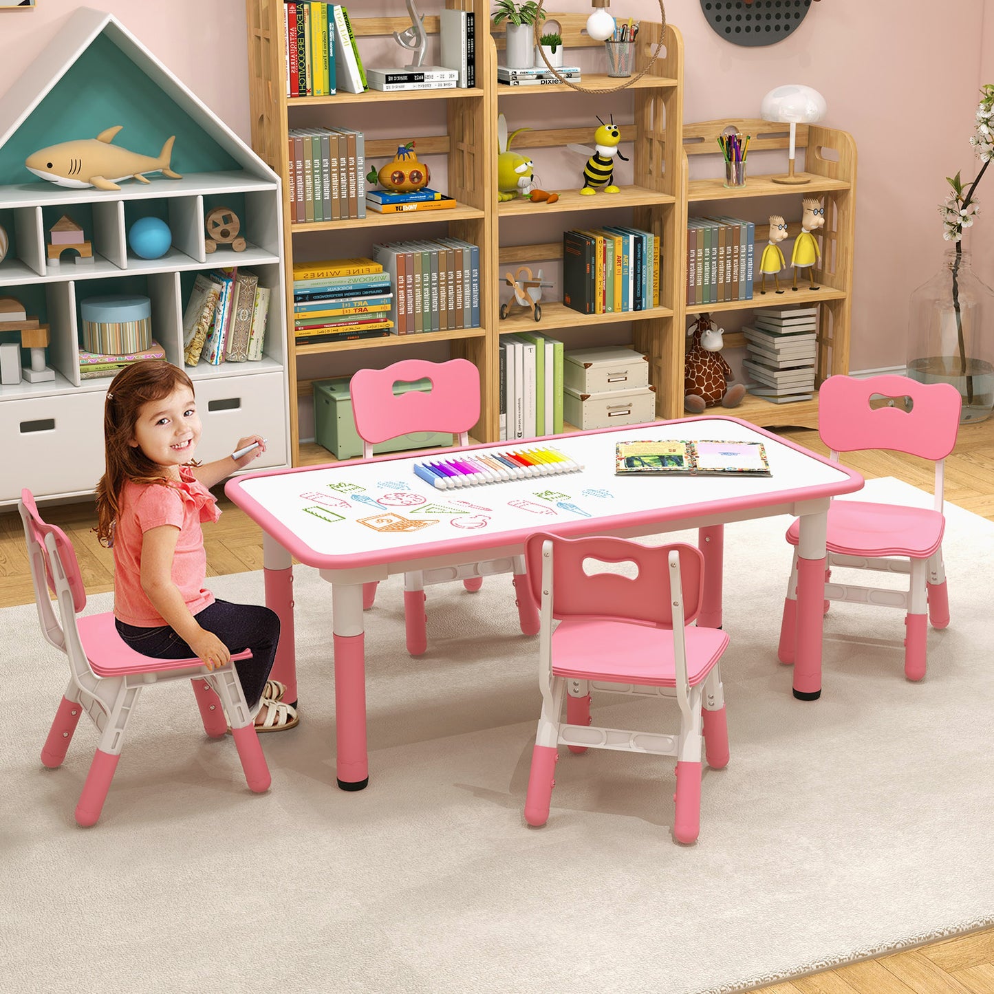 Kids Table and Chair Set for 4 with Graffiti Desktop