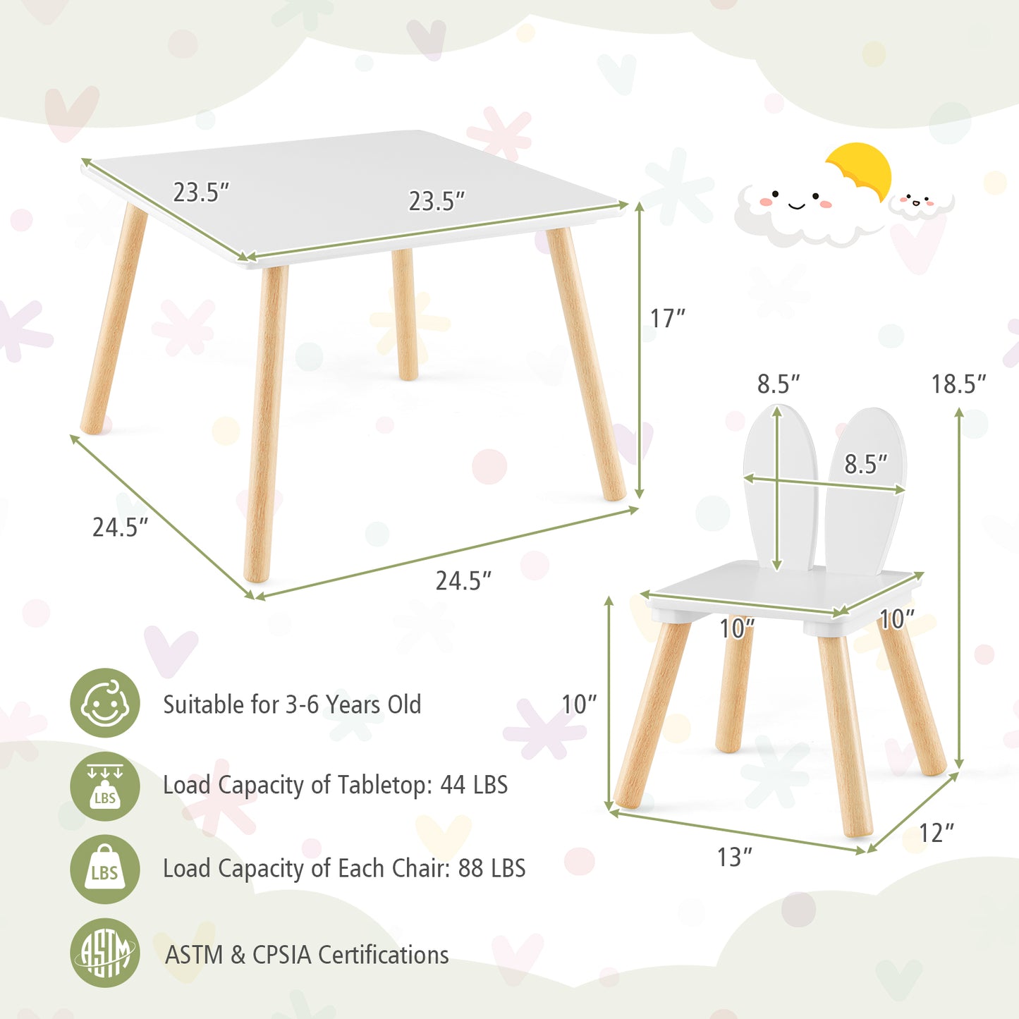 Kids Table and Chair Set with Bunny Ear Backrest - 3 Piece