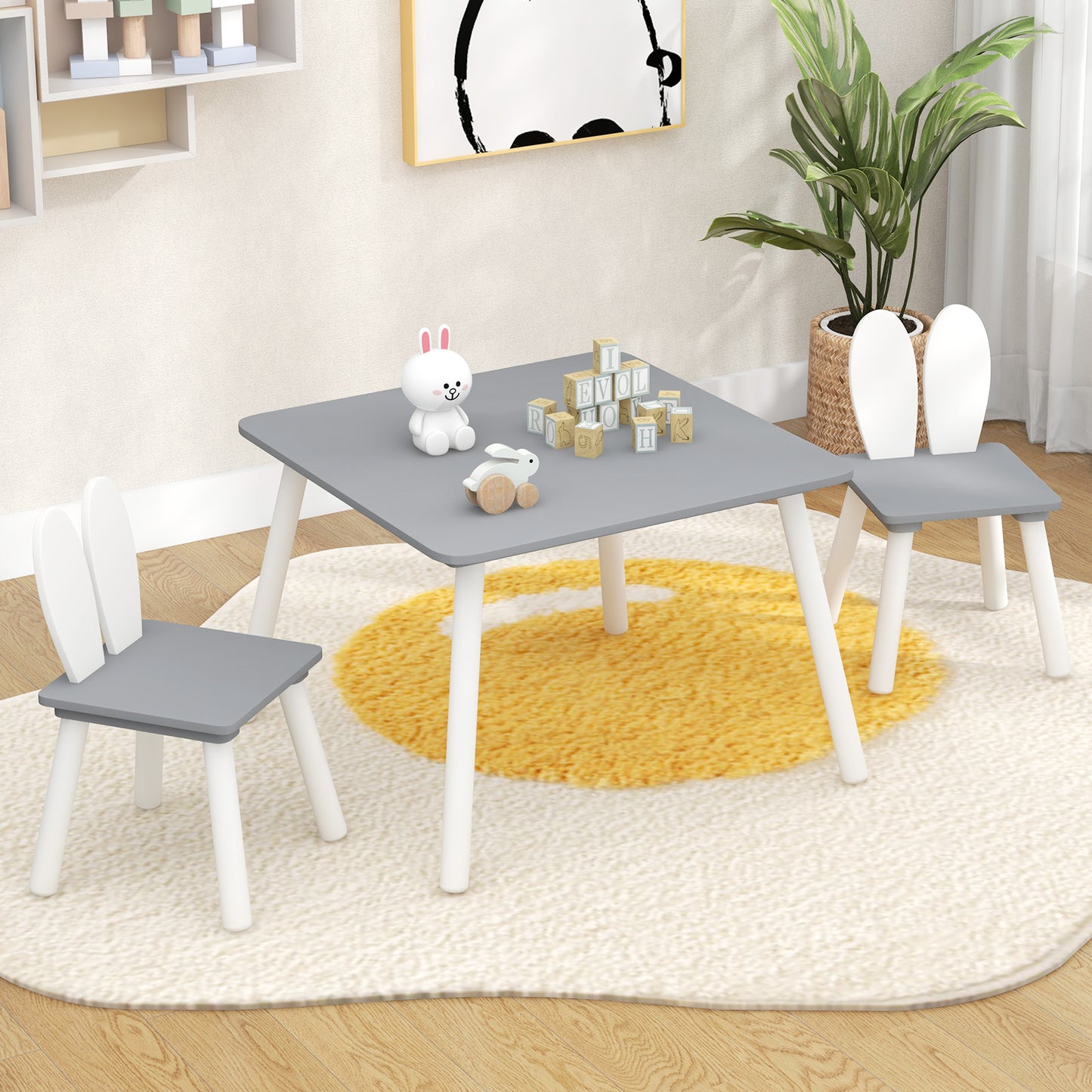 Kids Table and Chair Set with Bunny Ear Backrest - 3 Piece