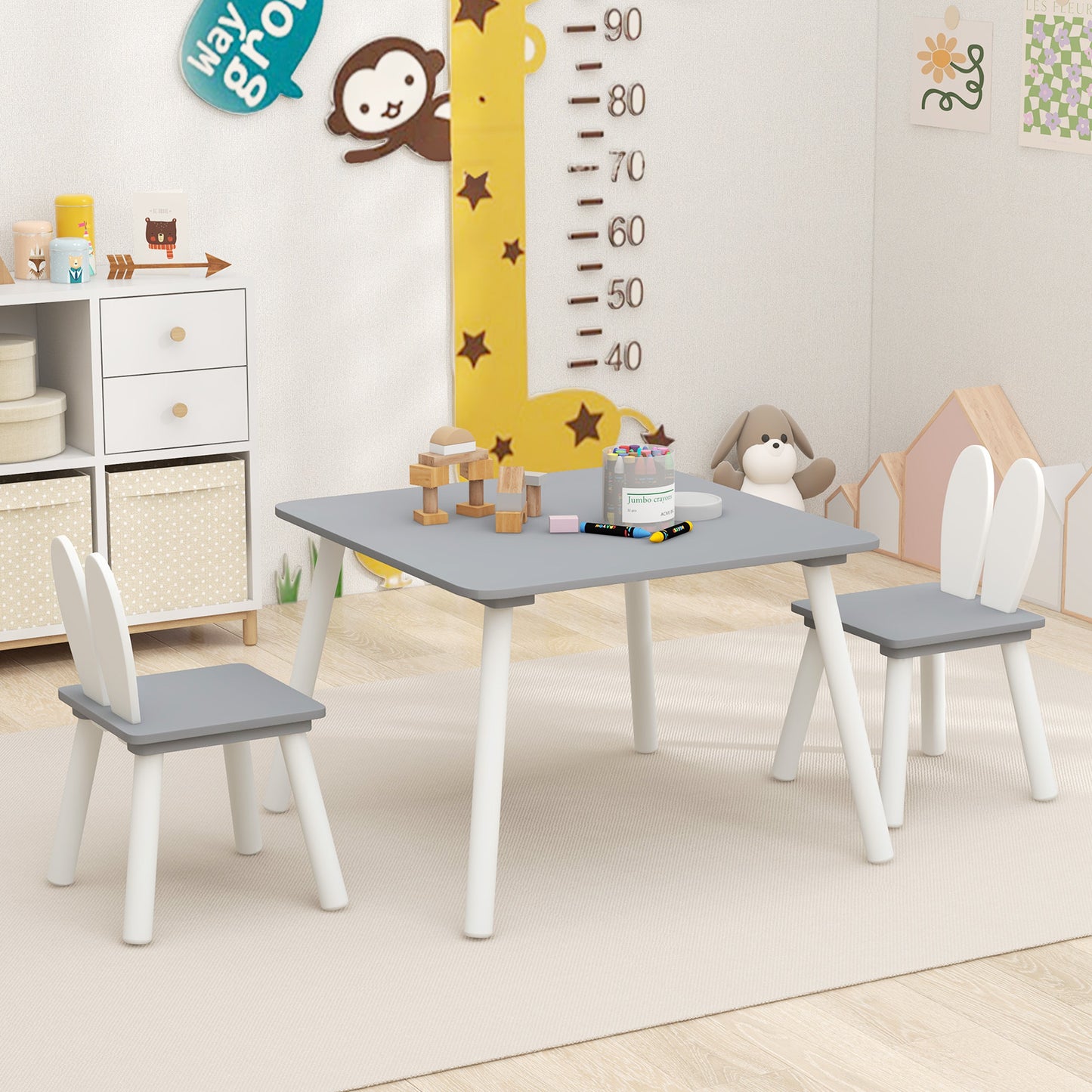 Kids Table and Chair Set with Bunny Ear Backrest - 3 Piece