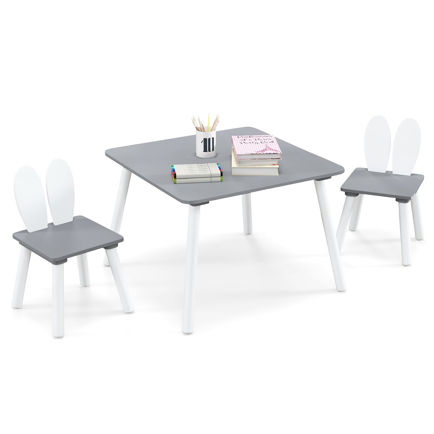 Kids Table and Chair Set with Bunny Ear Backrest - 3 Piece