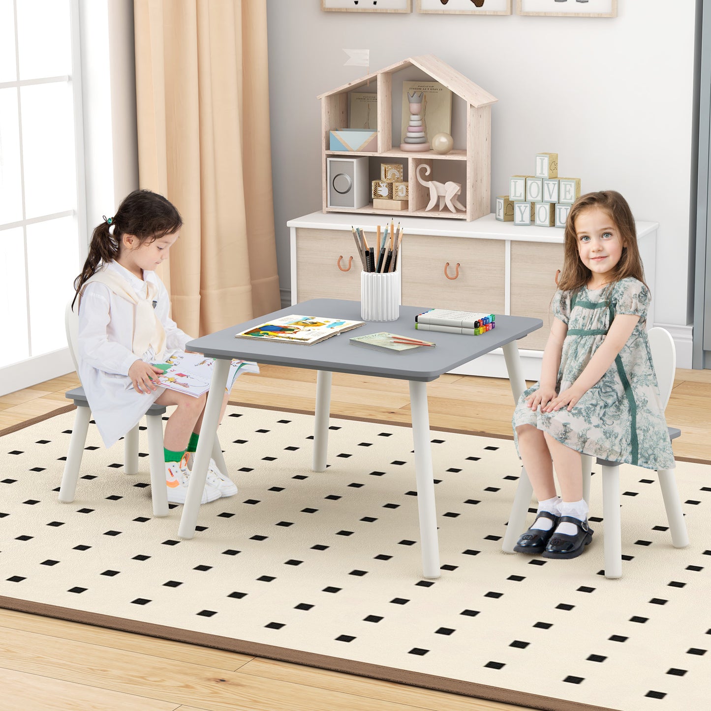 Kids Table and Chair Set with Bunny Ear Backrest - 3 Piece