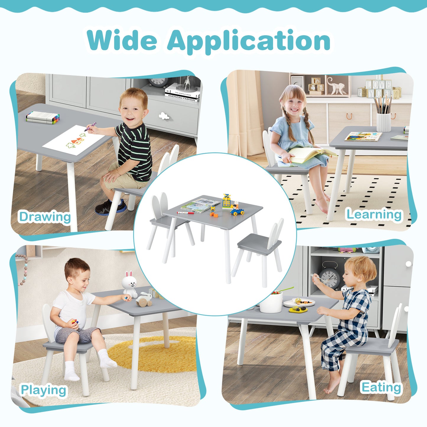 Kids Table and Chair Set with Bunny Ear Backrest - 3 Piece