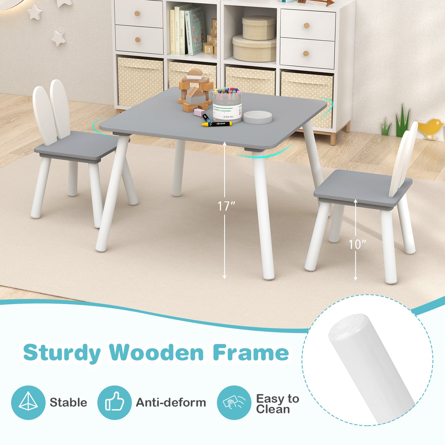 Kids Table and Chair Set with Bunny Ear Backrest - 3 Piece