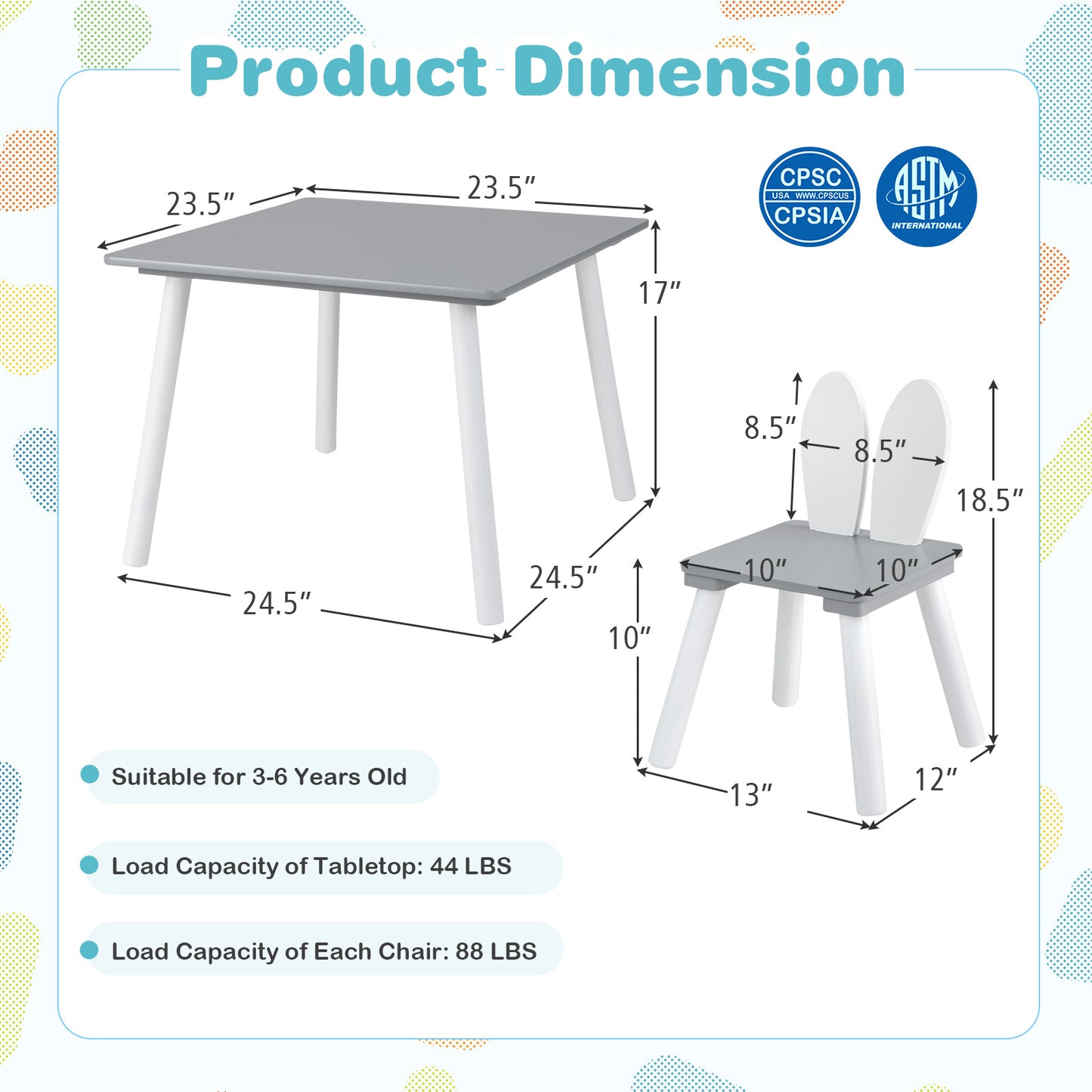 Kids Table and Chair Set with Bunny Ear Backrest - 3 Piece