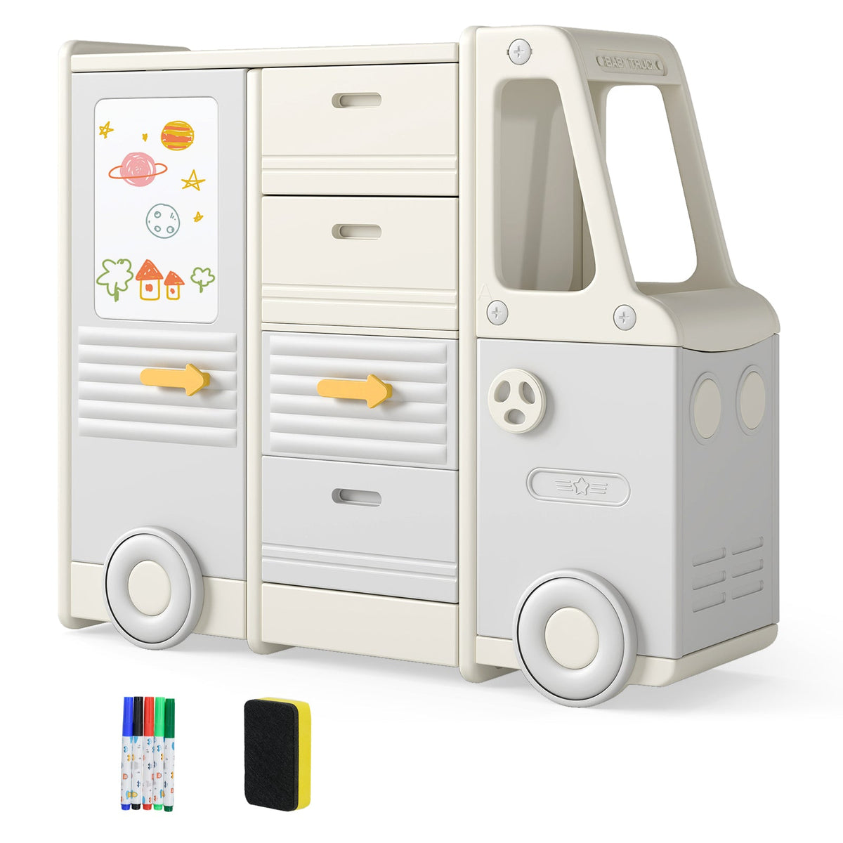 Kids Toy Storage Organizer Bus-shaped Children Cabinet with 4 Pull-out Drawers with Handles-Gray
