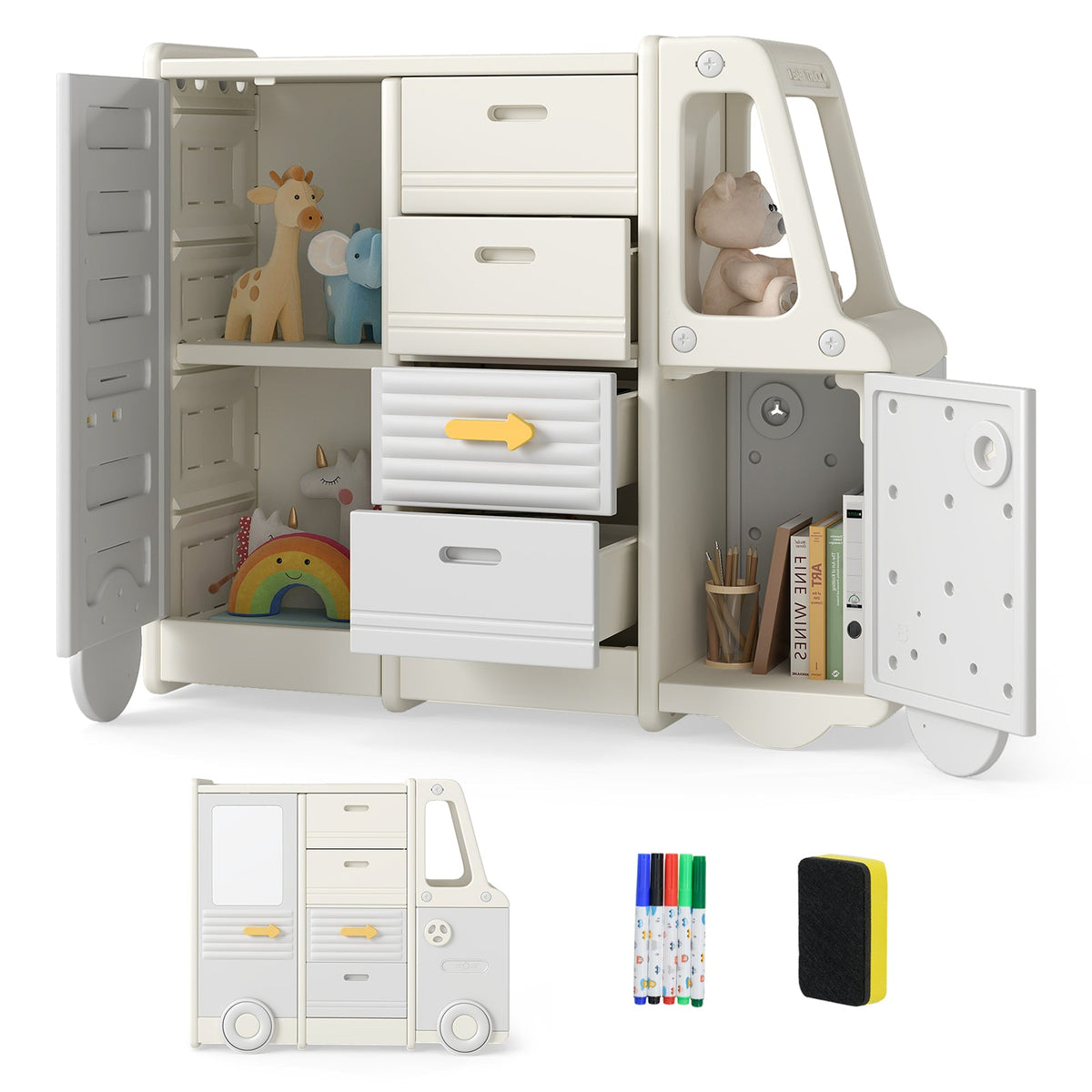 Kids Toy Storage Organizer Bus-shaped Children Cabinet with 4 Pull-out Drawers with Handles-Gray