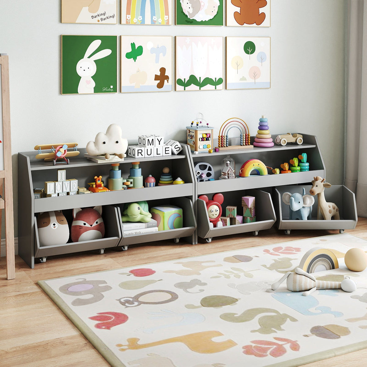 Kids Toy Storage Organizer Wooden Bookcase with 2 Movable Drawers