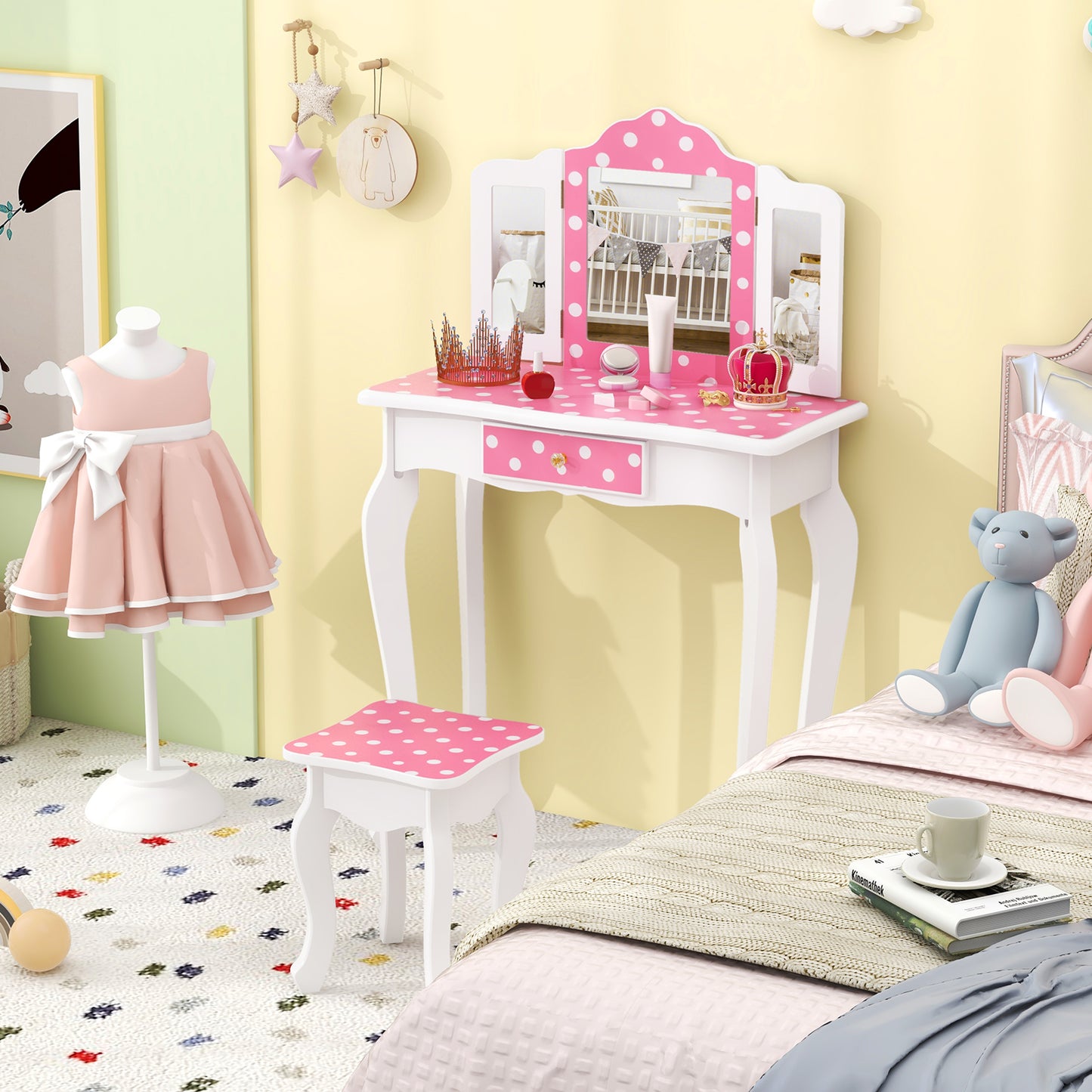 Kids Vanity Table with Tri-Fold Mirror and Stool - Pink