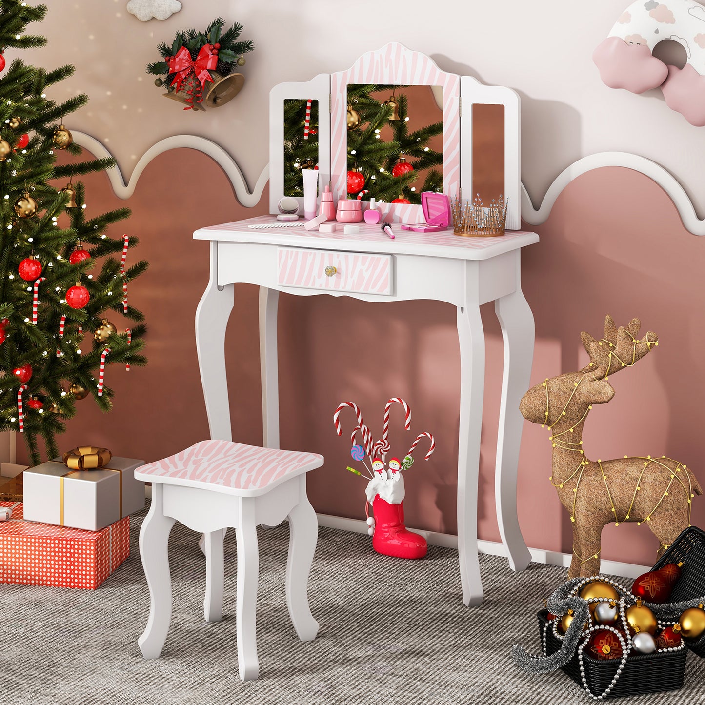 Kids Vanity Set with Drawer and Mirror - Pink
