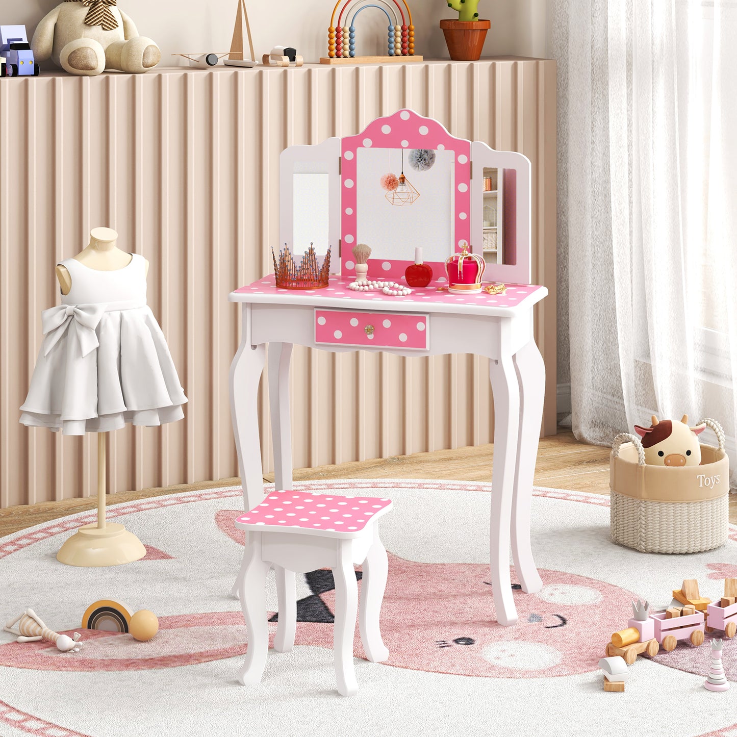 Kids Vanity Table with Tri-Fold Mirror and Stool - Pink