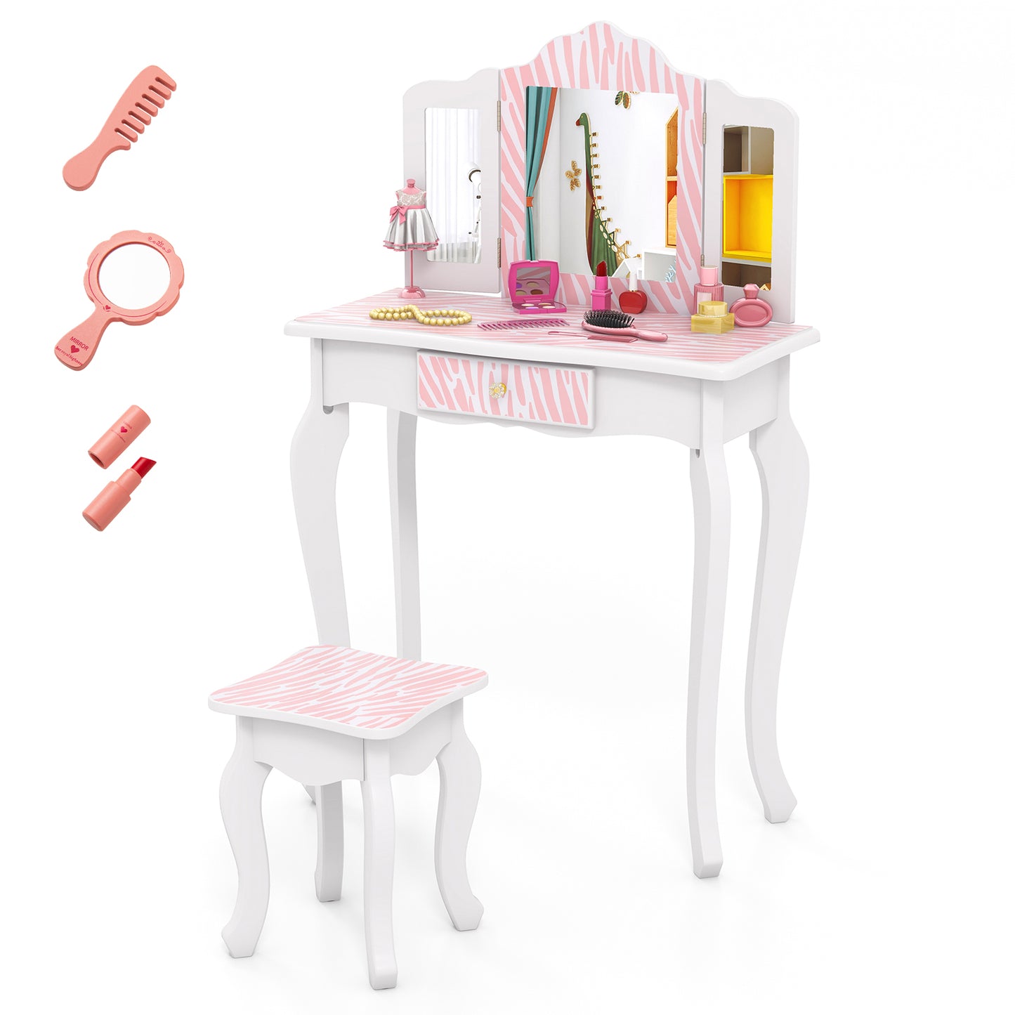 Kids Vanity Set with Drawer and Mirror - Pink