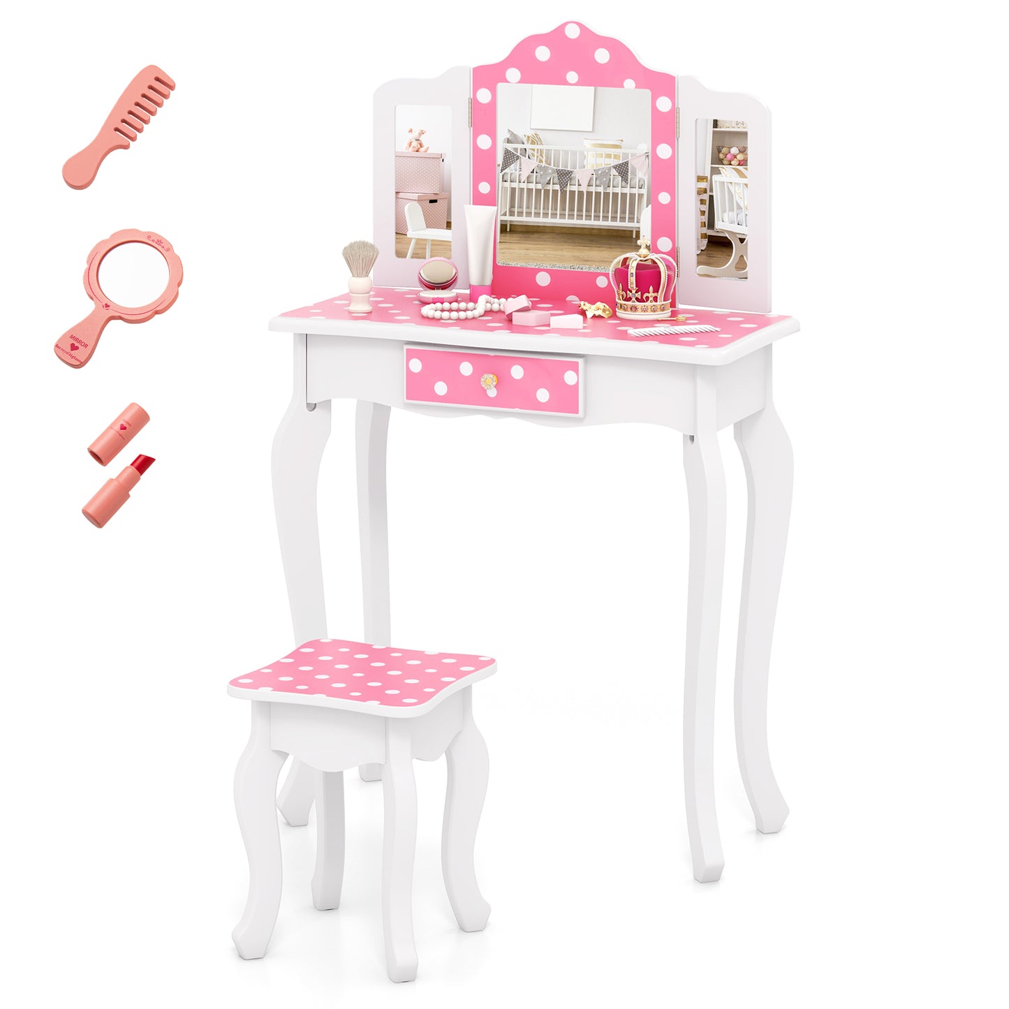 Kids Vanity Table with Tri-Fold Mirror and Stool - Pink