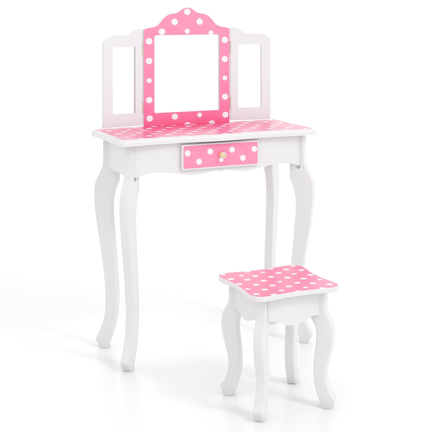 Kids Vanity Table with Tri-Fold Mirror and Stool - Pink
