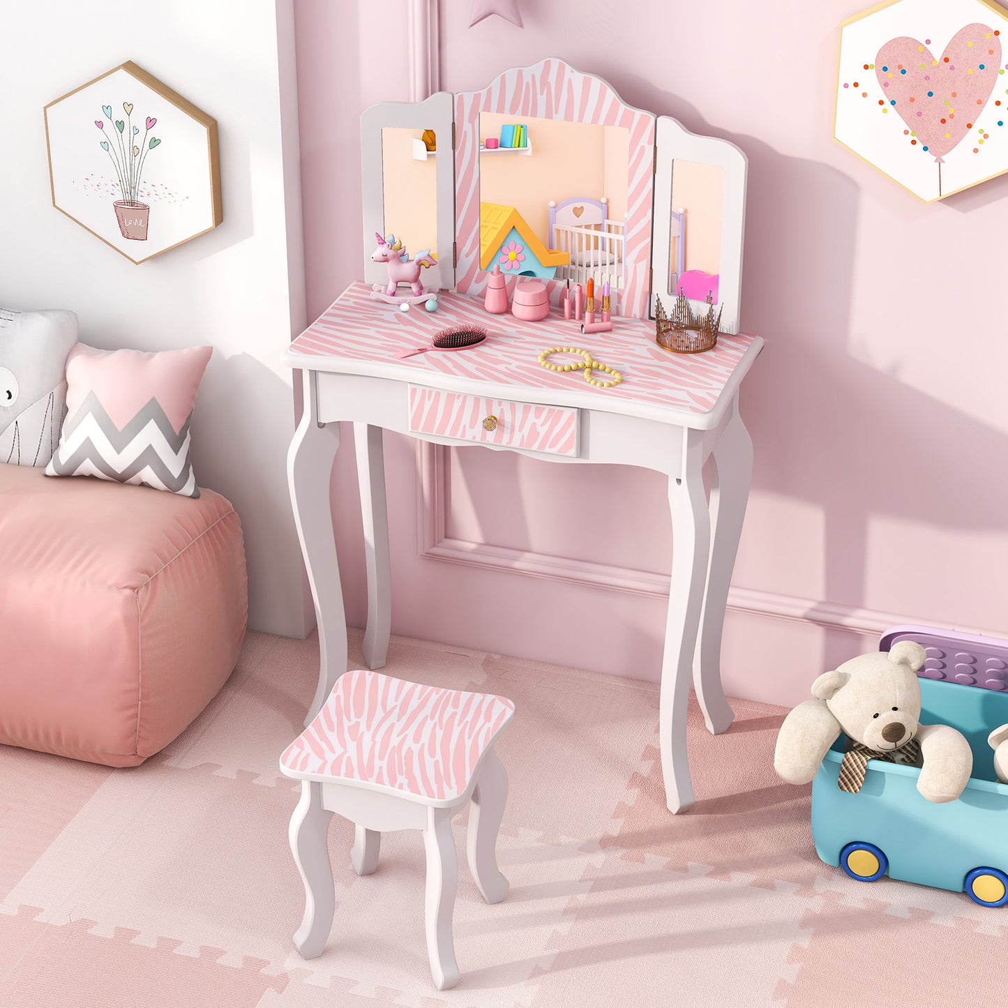 Kids Vanity Set with Drawer and Mirror - Pink