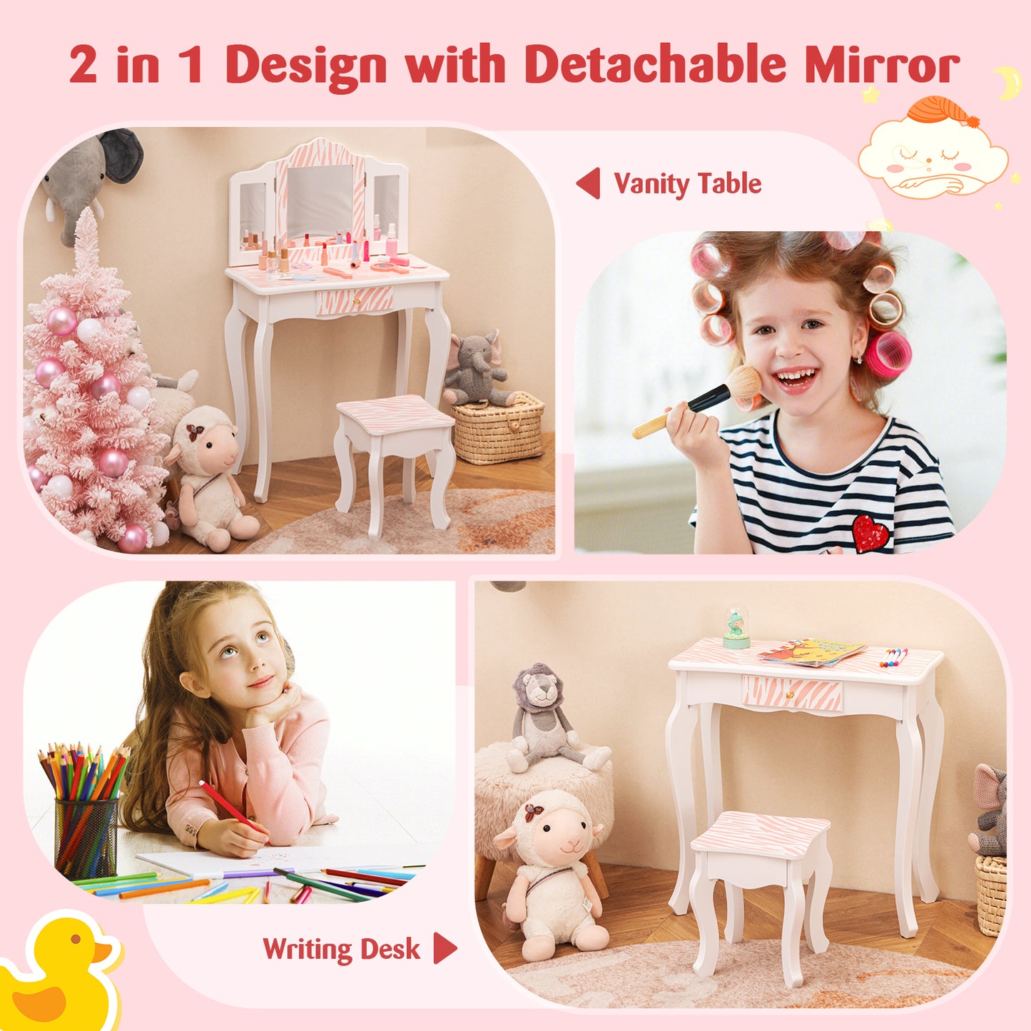 Kids Vanity Set with Drawer and Mirror - Pink