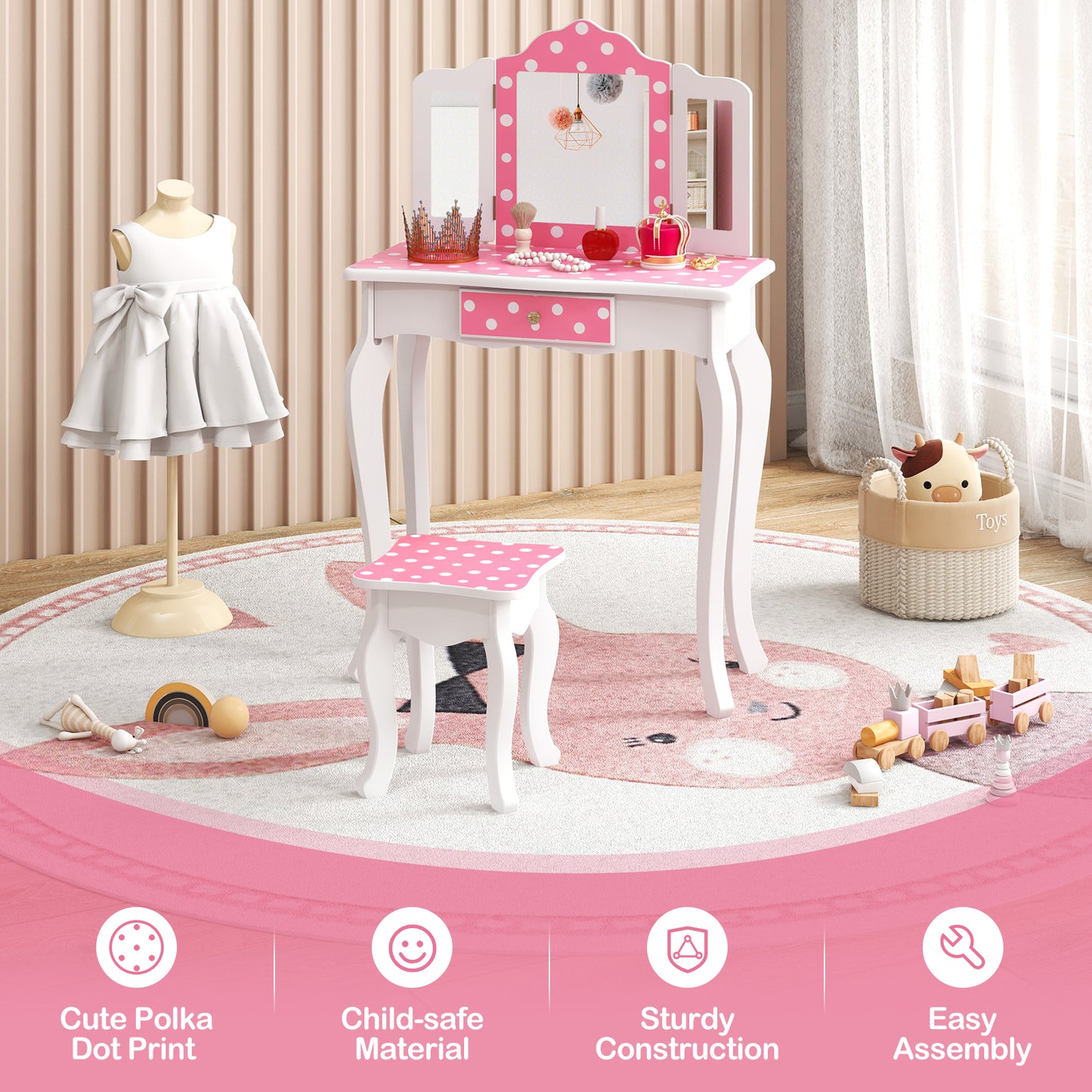 Kids Vanity Table with Tri-Fold Mirror and Stool - Pink
