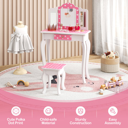 Kids Vanity Table with Tri-Fold Mirror and Stool - Pink