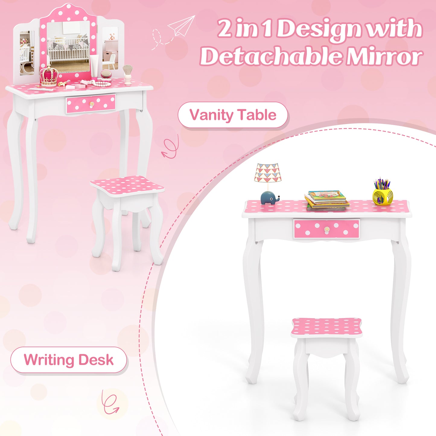 Kids Vanity Table with Tri-Fold Mirror and Stool - Pink