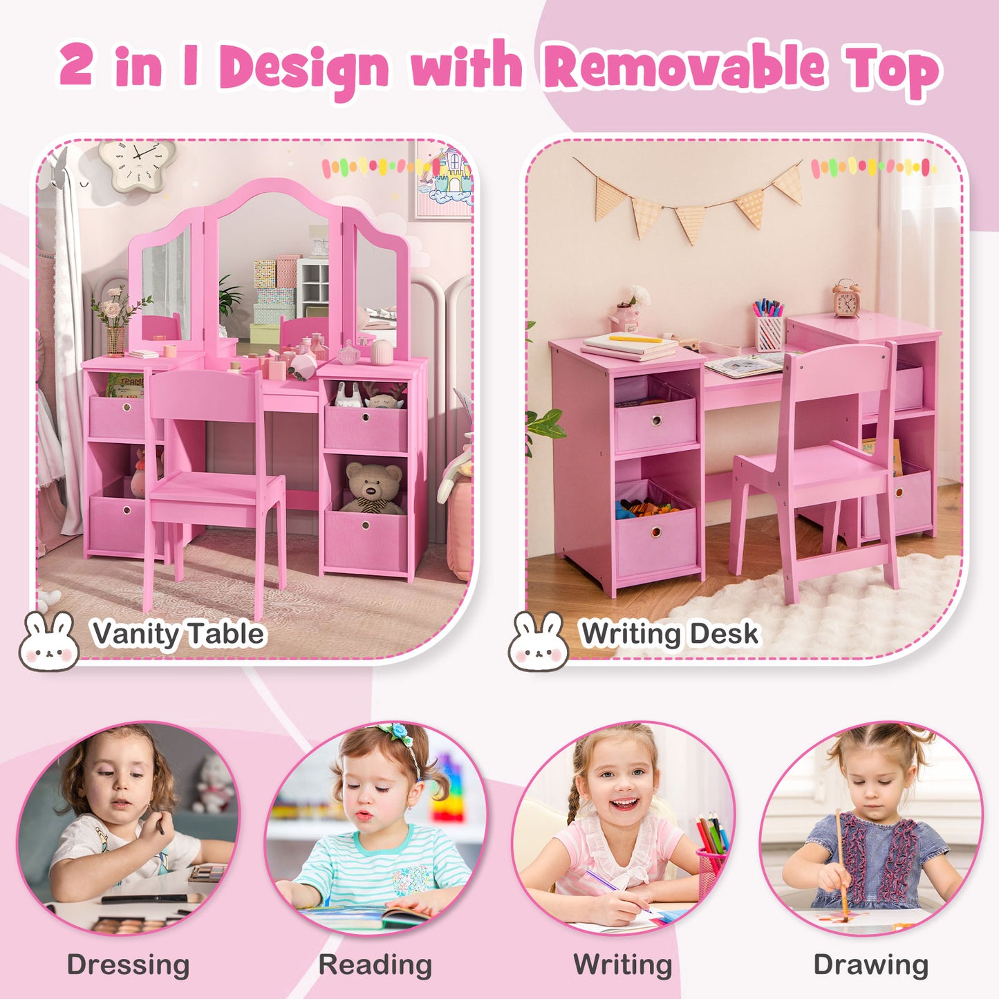 Kids Vanity Table and Chair Set with Removable Mirrors