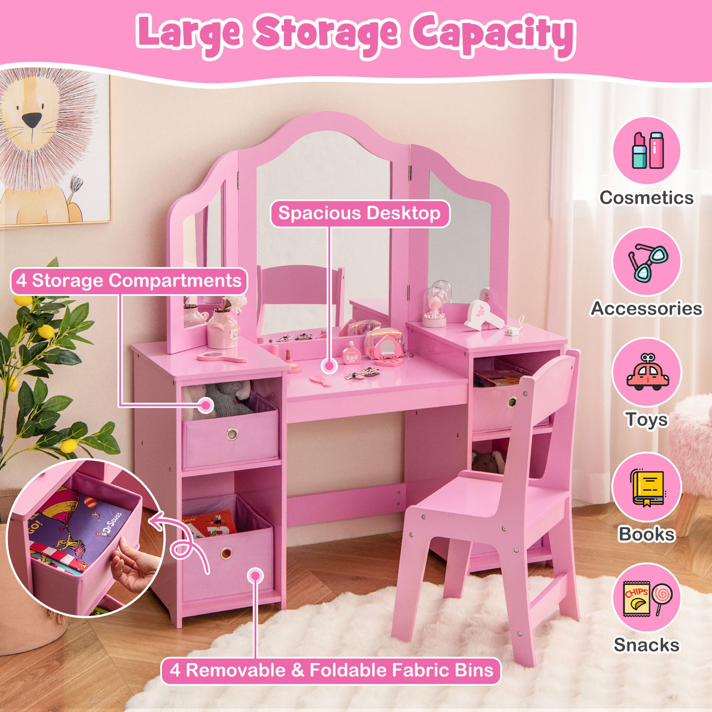 Kids Vanity Table and Chair Set with Removable Mirrors