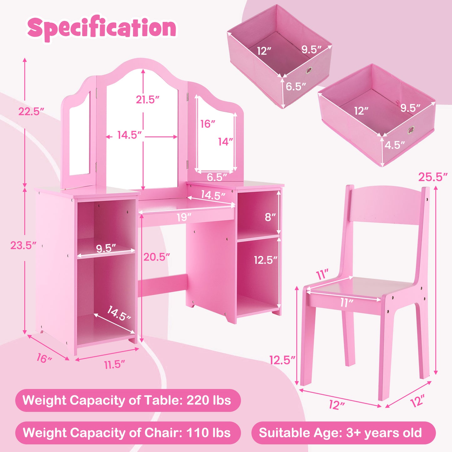 Kids Vanity Table and Chair Set with Removable Mirrors