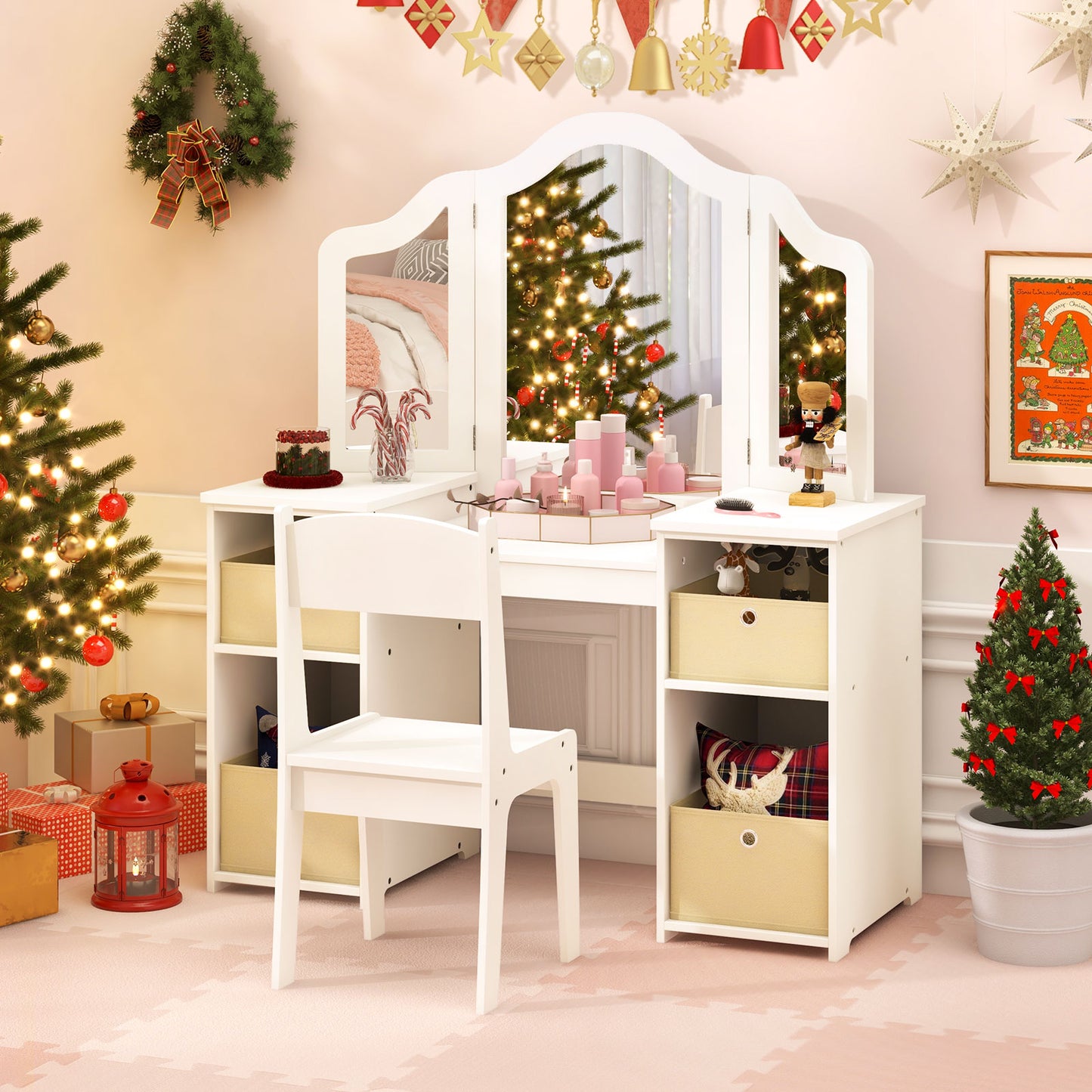 Kids Vanity Table and Chair Set with Removable Mirrors