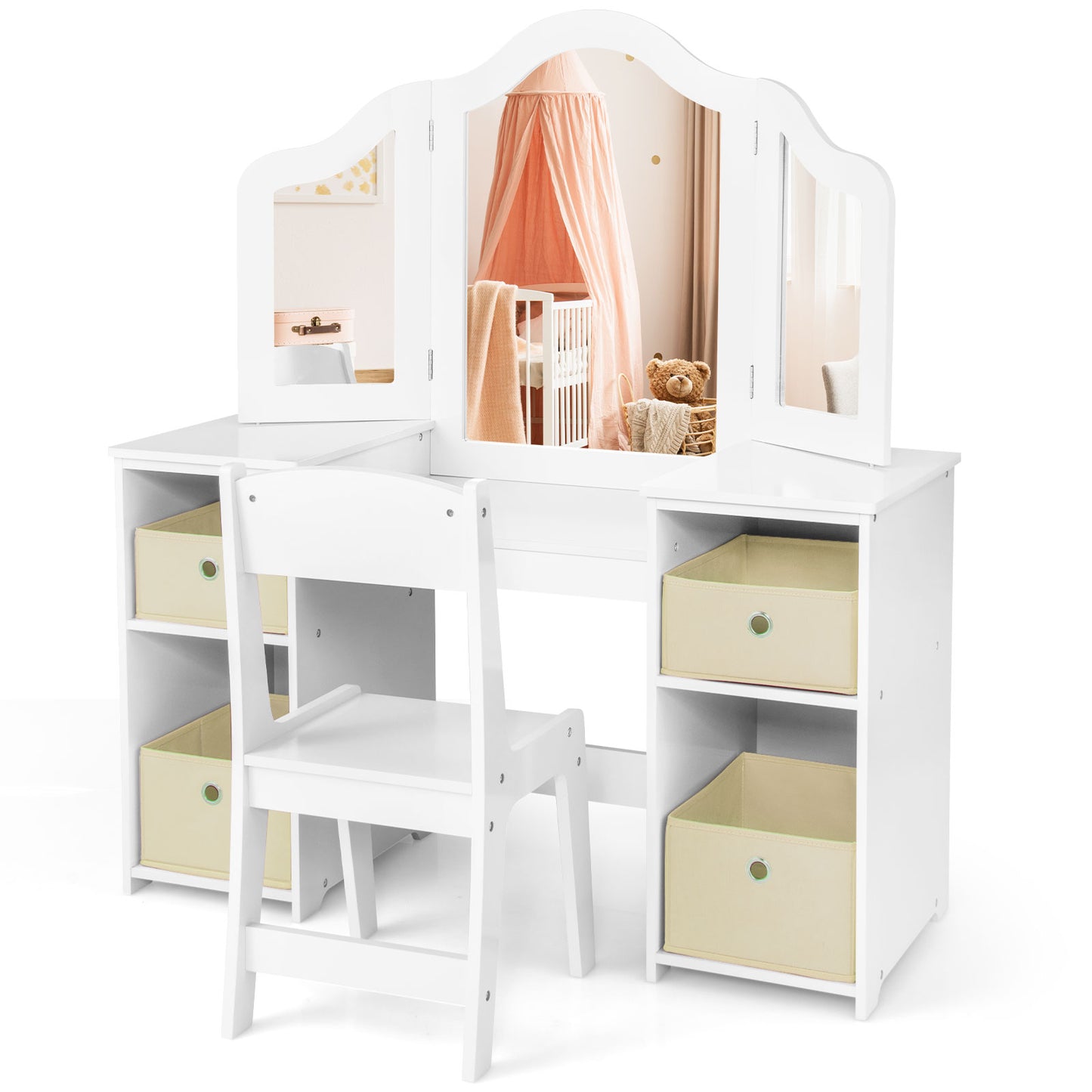 Kids Vanity Table and Chair Set with Removable Mirrors