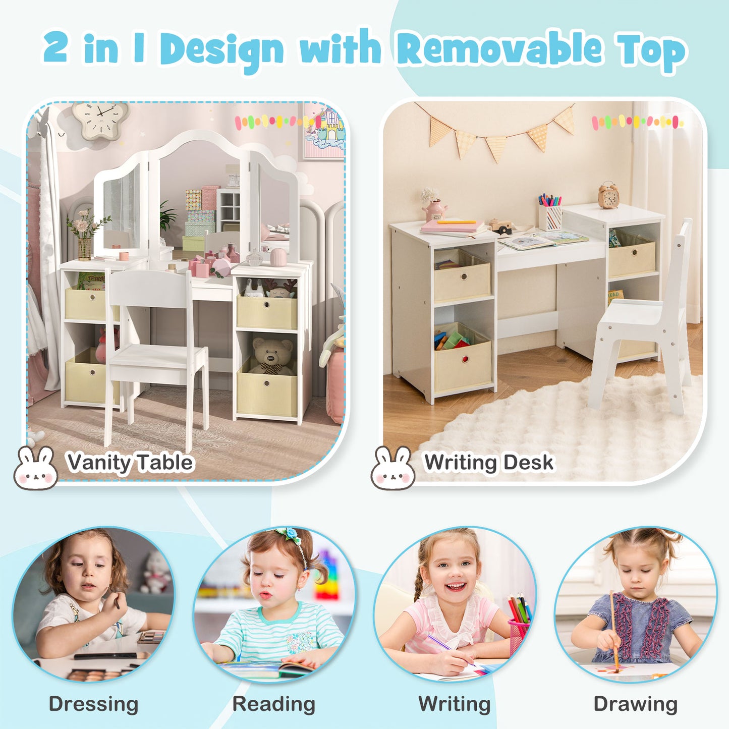Kids Vanity Table and Chair Set with Removable Mirrors